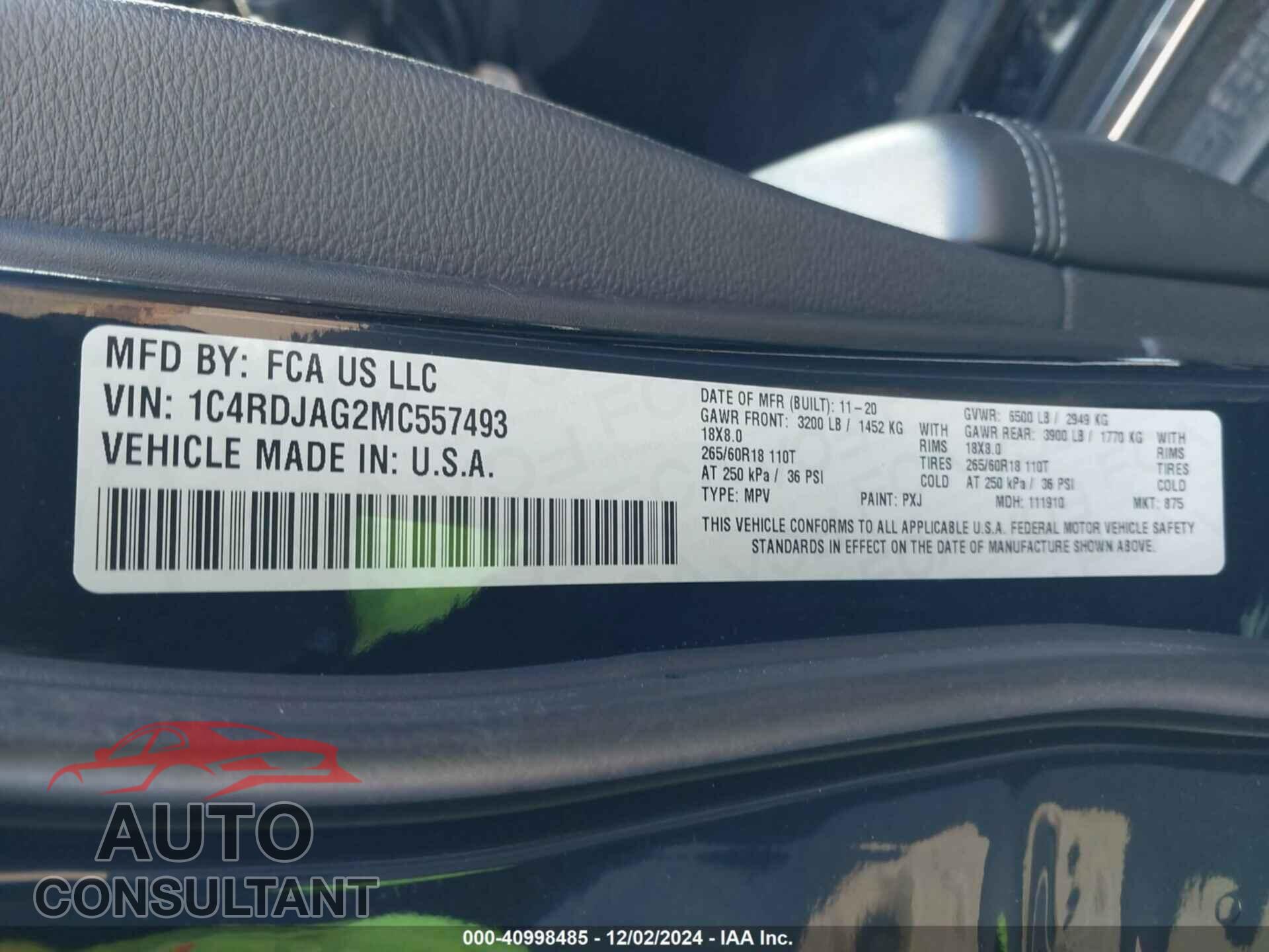 DODGE DURANGO 2021 - 1C4RDJAG2MC557493