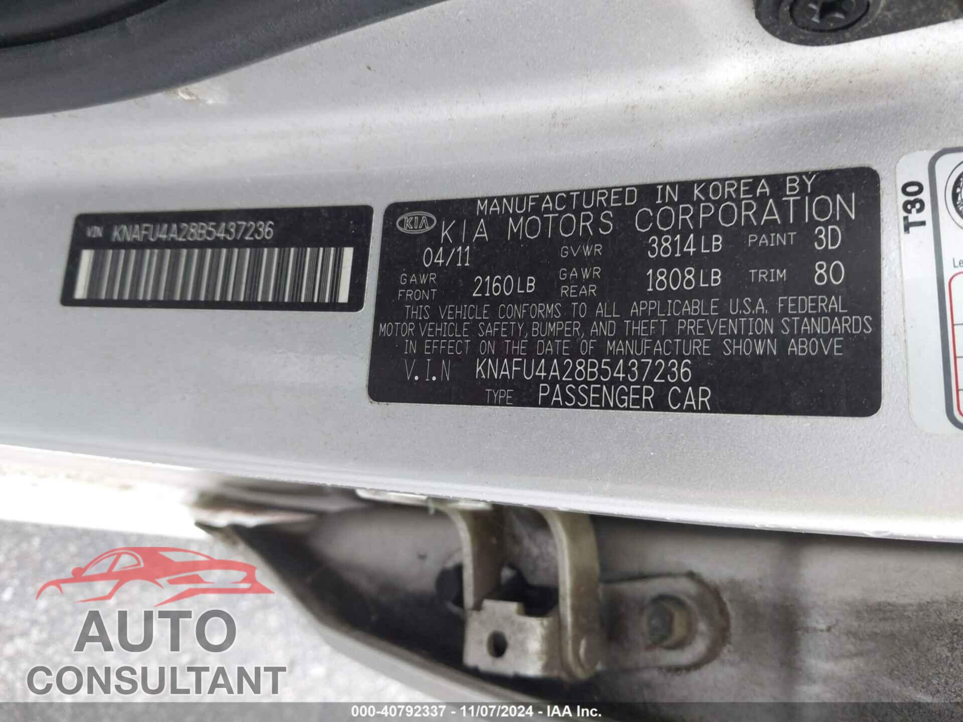 KIA FORTE 2011 - KNAFU4A28B5437236