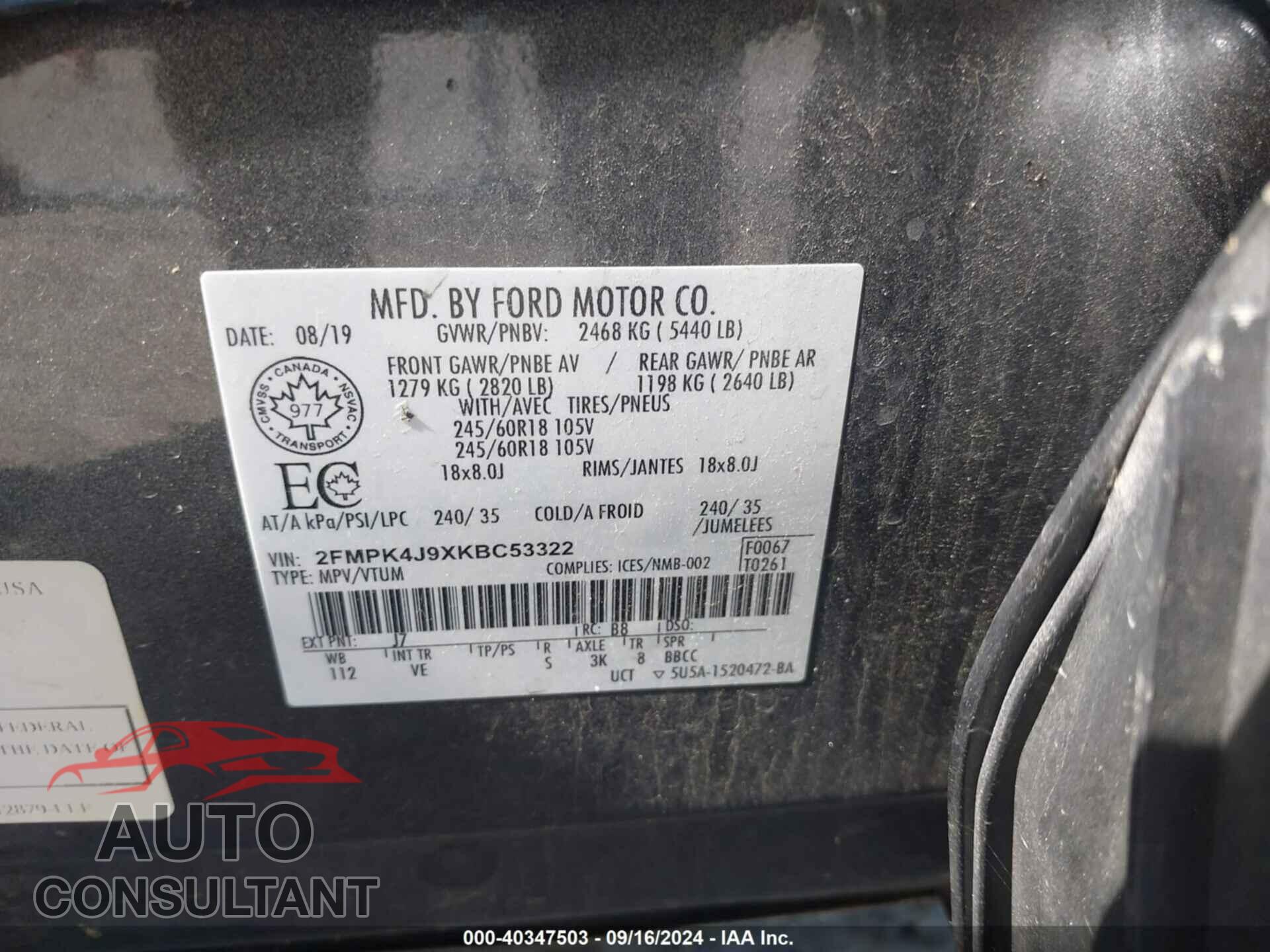 FORD EDGE 2019 - 2FMPK4J9XKBC53322
