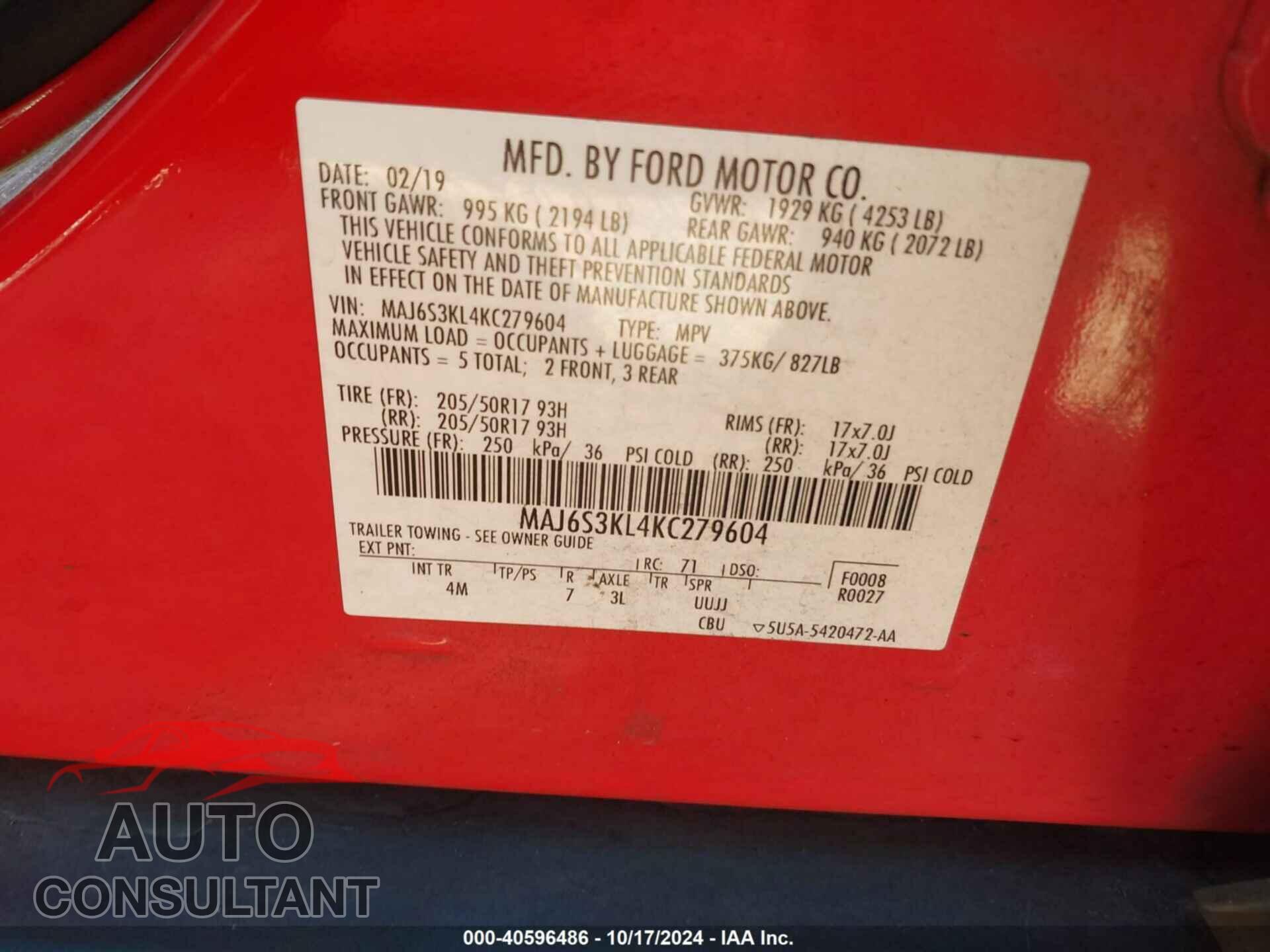 FORD ECOSPORT 2019 - MAJ6S3KL4KC279604