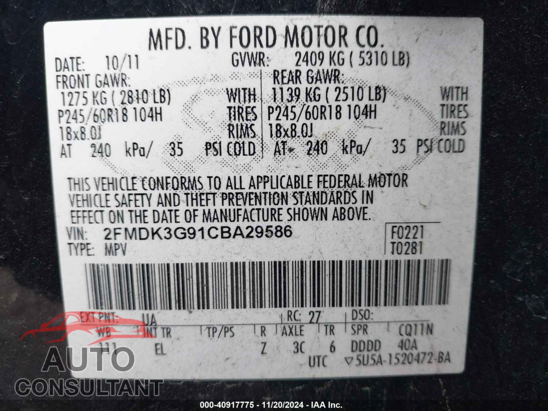 FORD EDGE 2012 - 2FMDK3G91CBA29586
