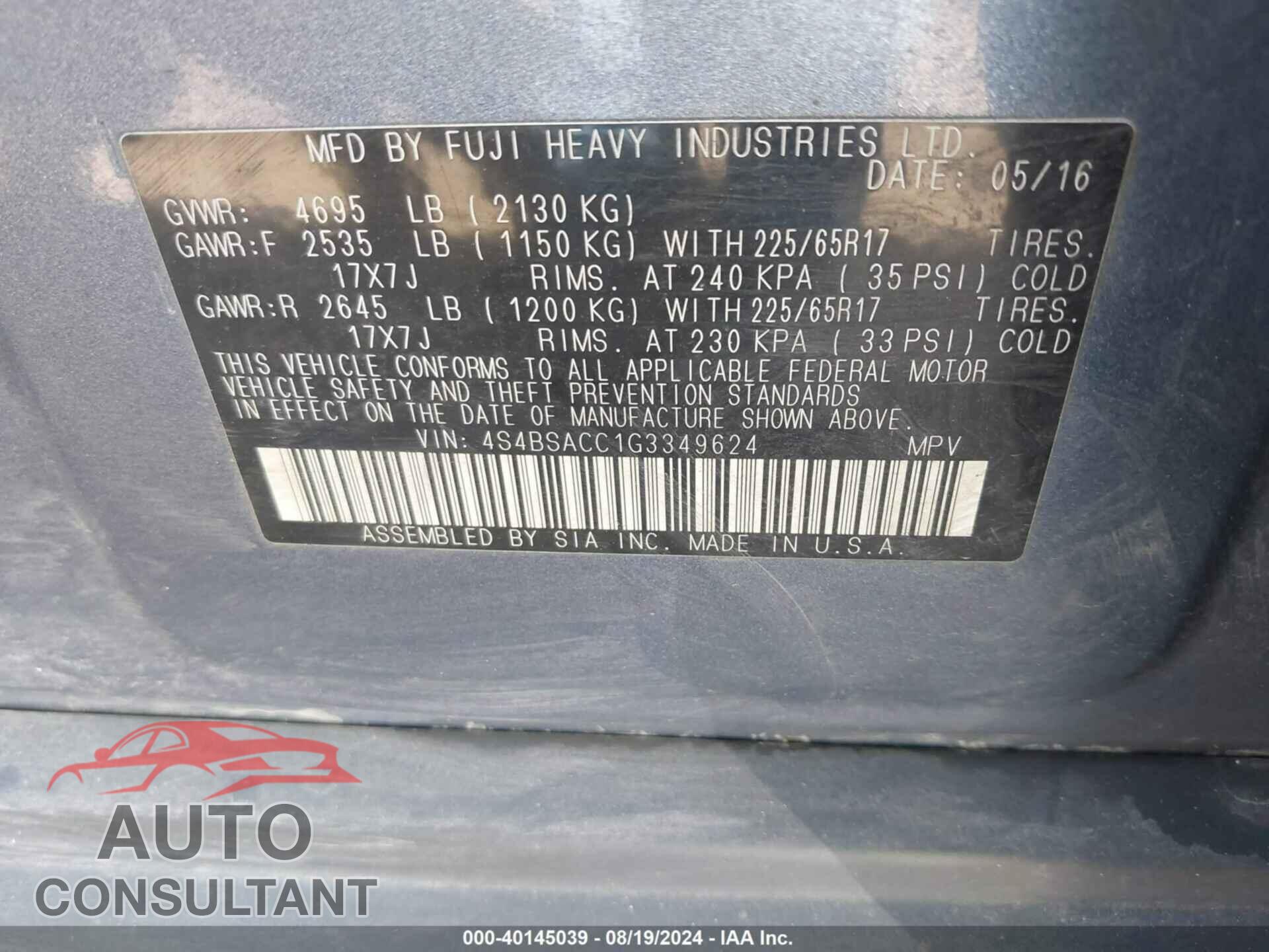 SUBARU OUTBACK 2016 - 4S4BSACC1G3349624