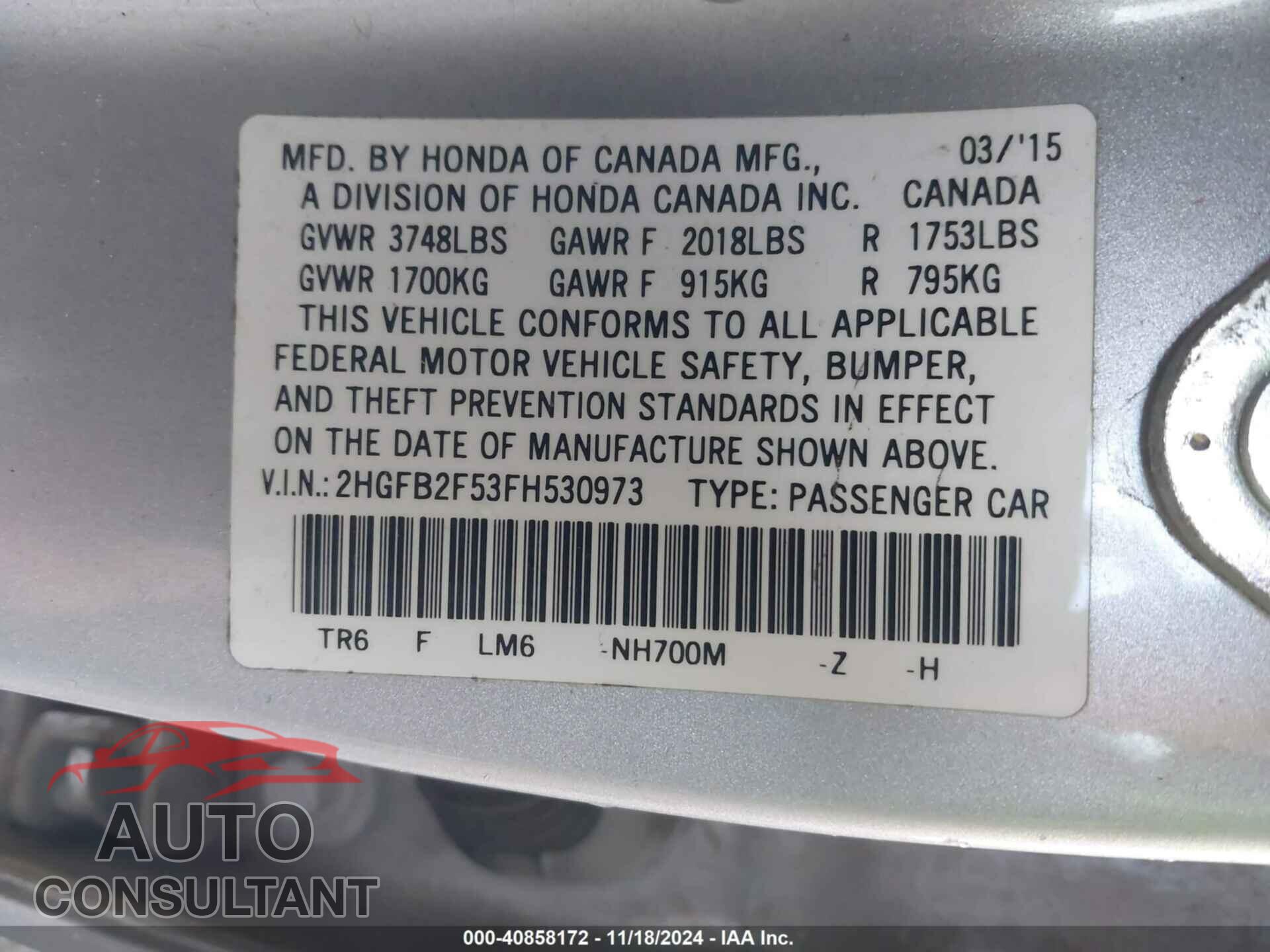 HONDA CIVIC 2015 - 2HGFB2F53FH530973