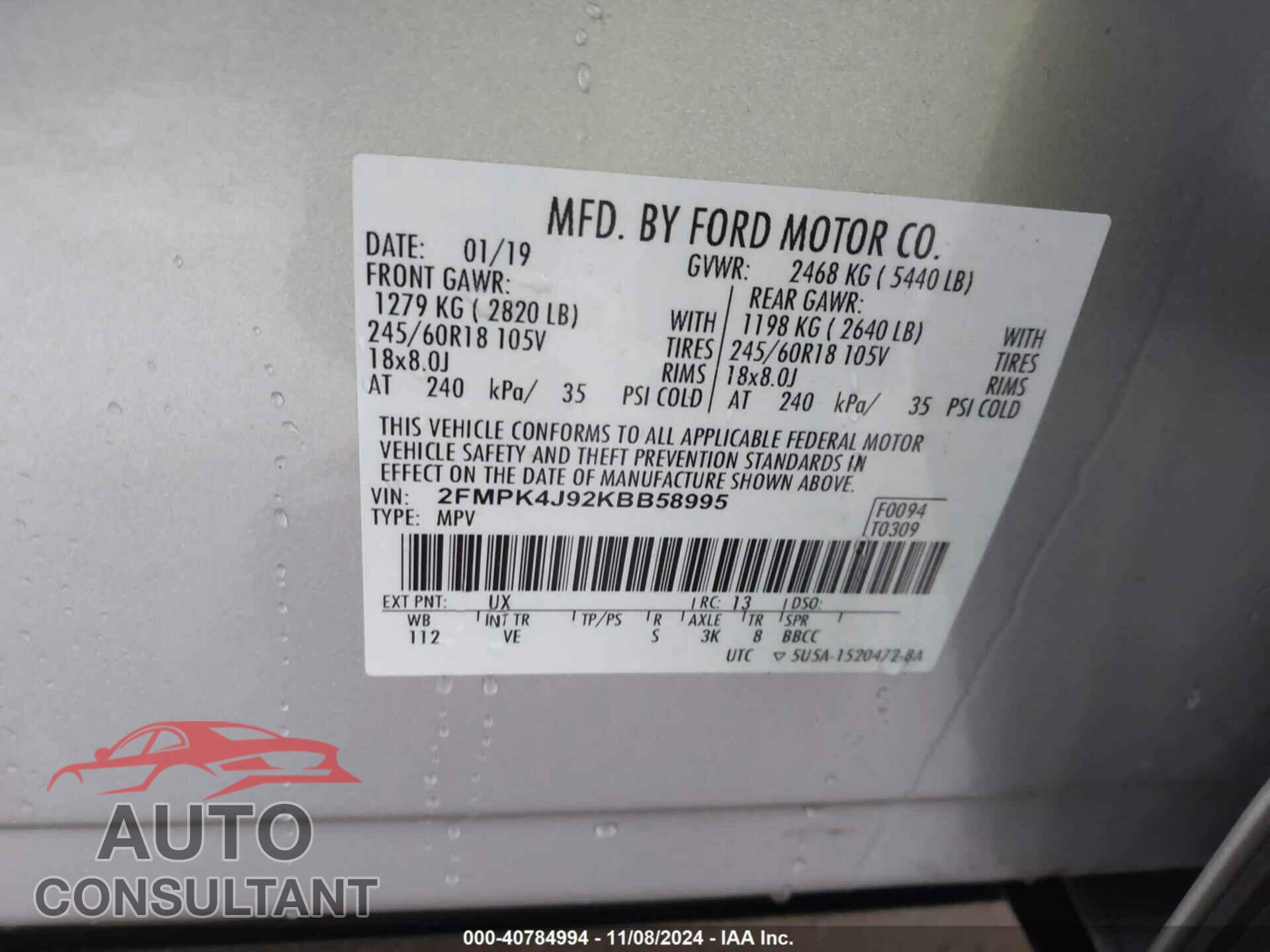 FORD EDGE 2019 - 2FMPK4J92KBB58995
