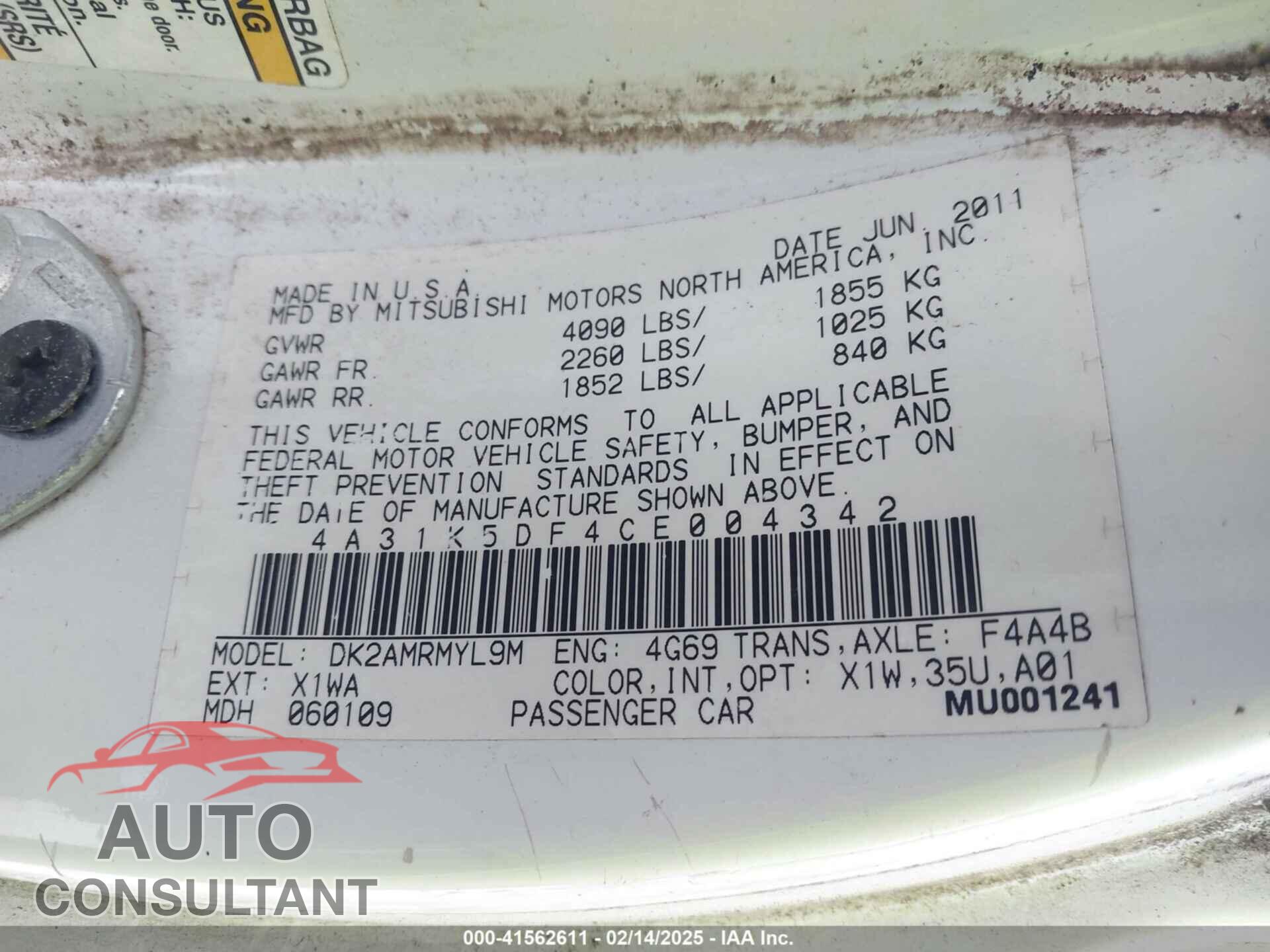 MITSUBISHI ECLIPSE 2012 - 4A31K5DF4CE004342