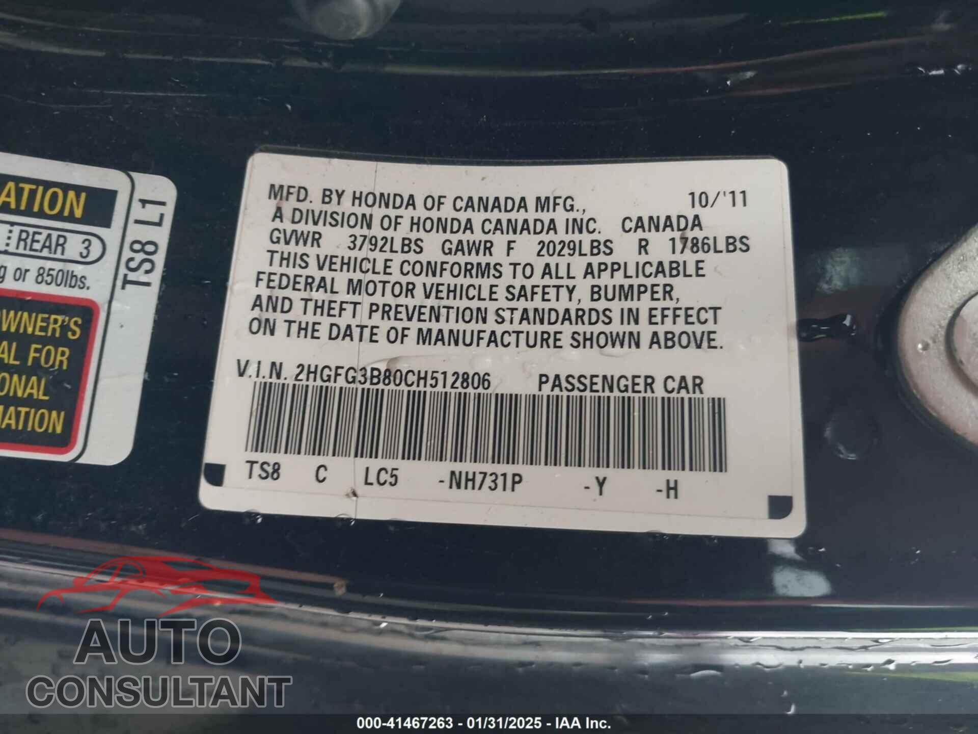HONDA CIVIC 2012 - 2HGFG3B80CH512806