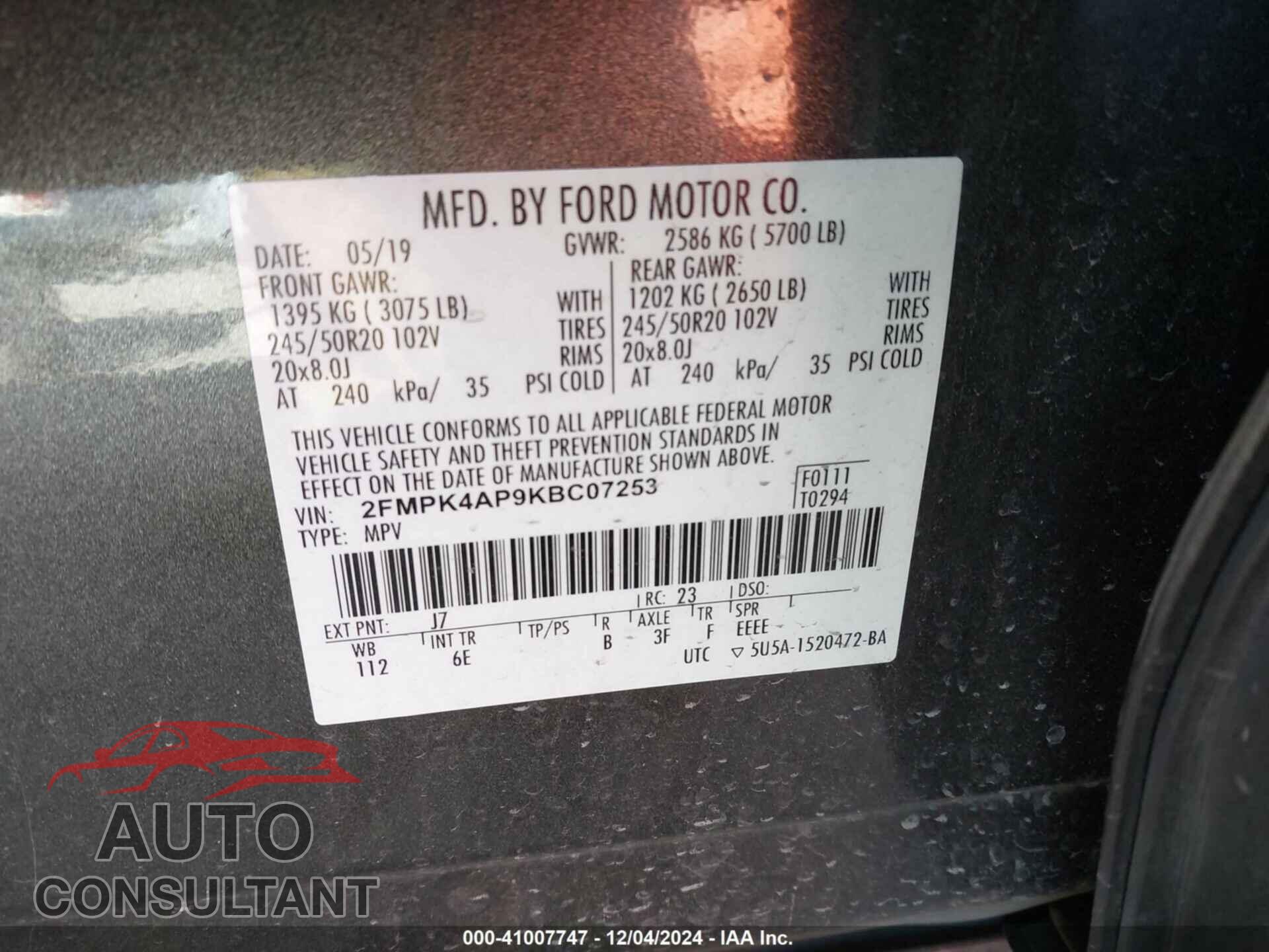 FORD EDGE 2019 - 2FMPK4AP9KBC07253