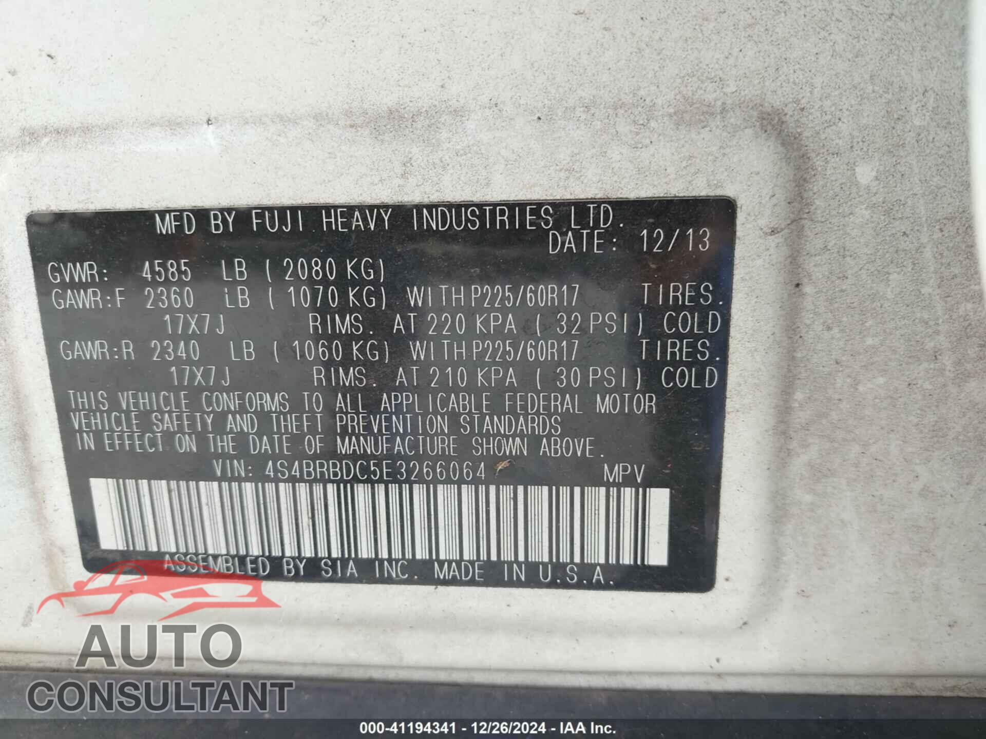 SUBARU OUTBACK 2014 - 4S4BRBDC5E3266064