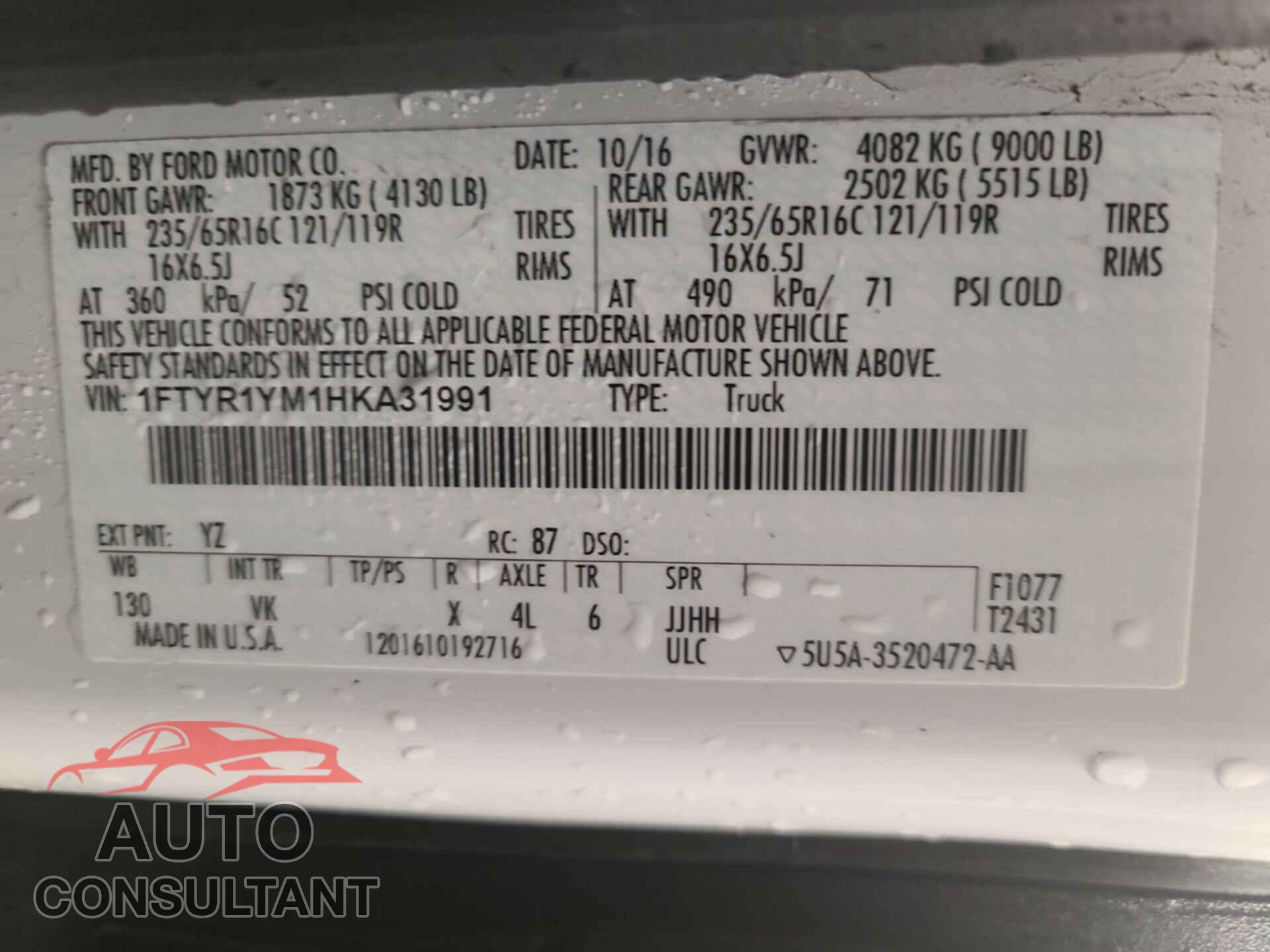 FORD TRANSIT 2017 - 1FTYR1YM1HKA31991