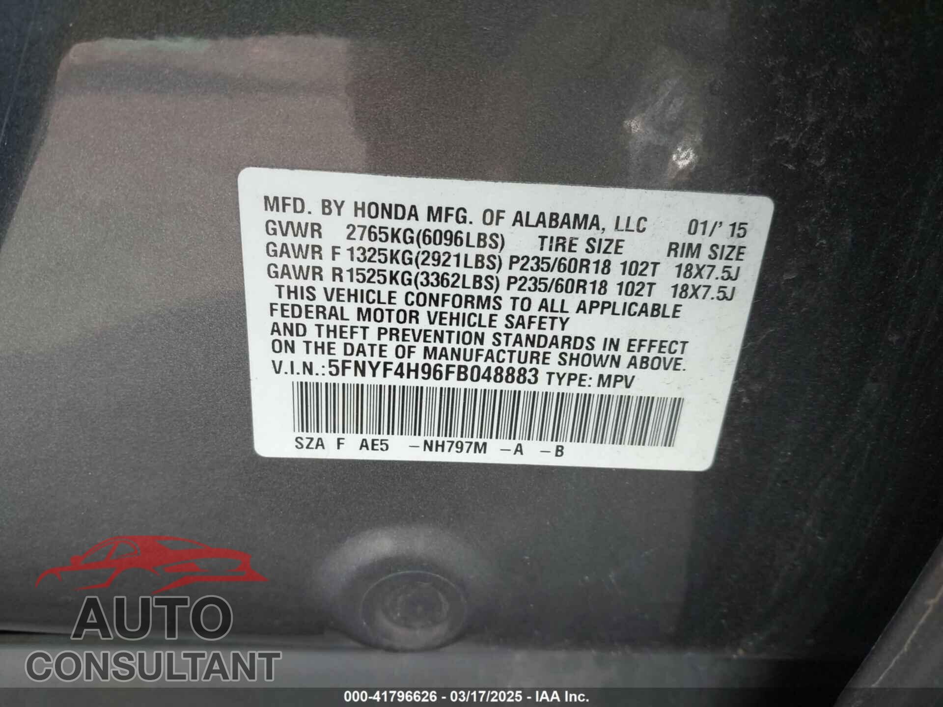 HONDA PILOT 2015 - 5FNYF4H96FB048883