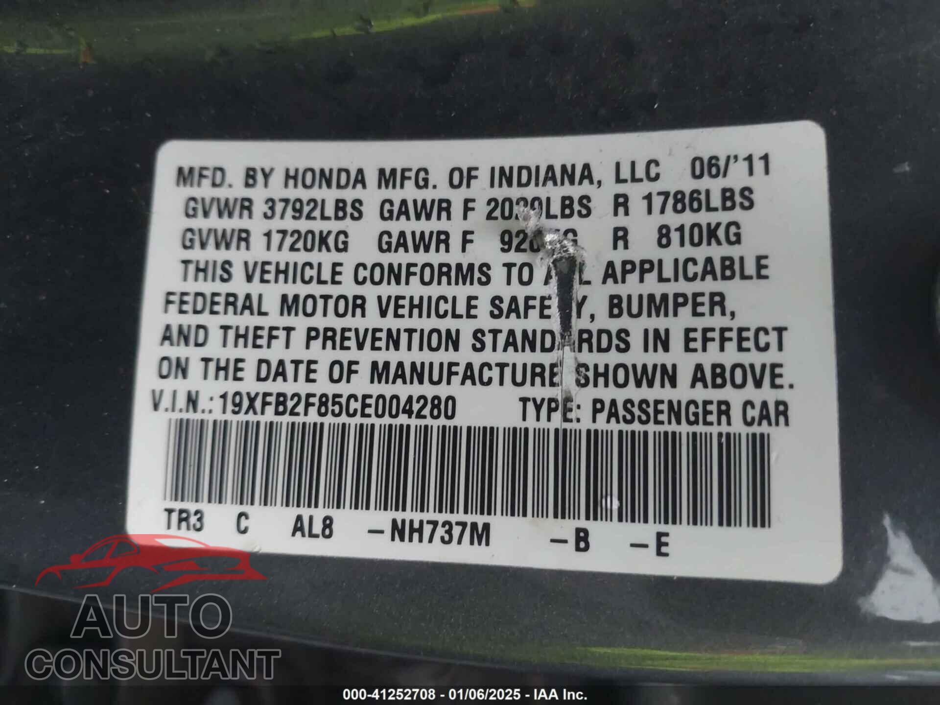 HONDA CIVIC 2012 - 19XFB2F85CE004280