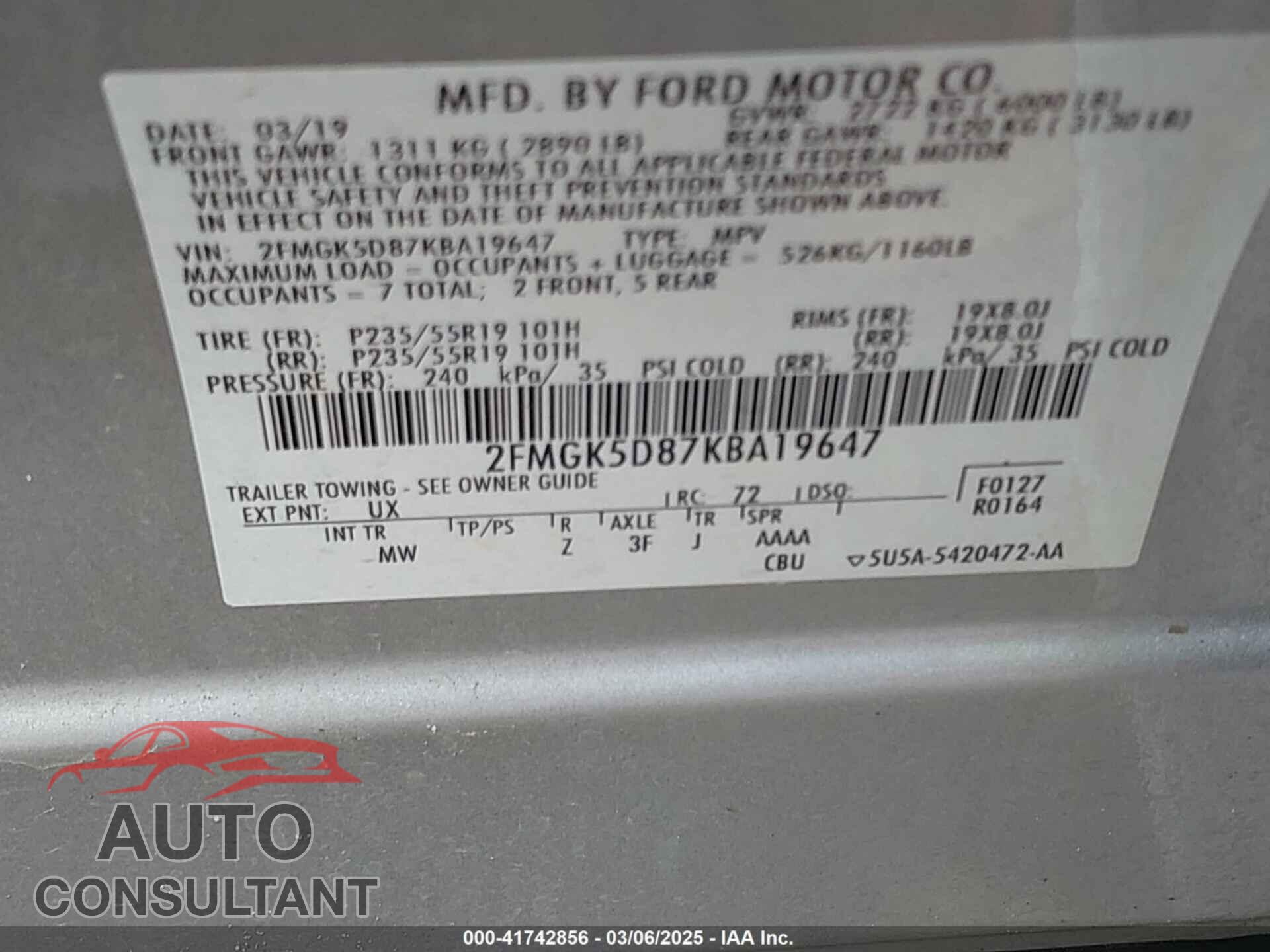 FORD FLEX 2019 - 2FMGK5D87KBA19647