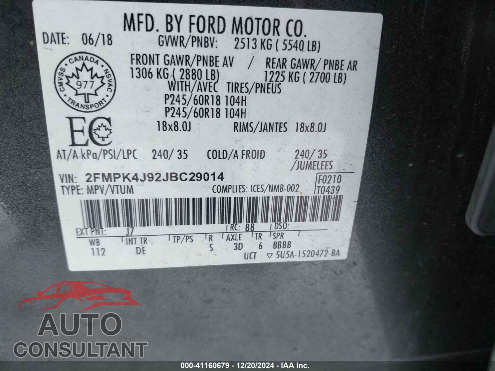 FORD EDGE 2018 - 2FMPK4J92JBC29014