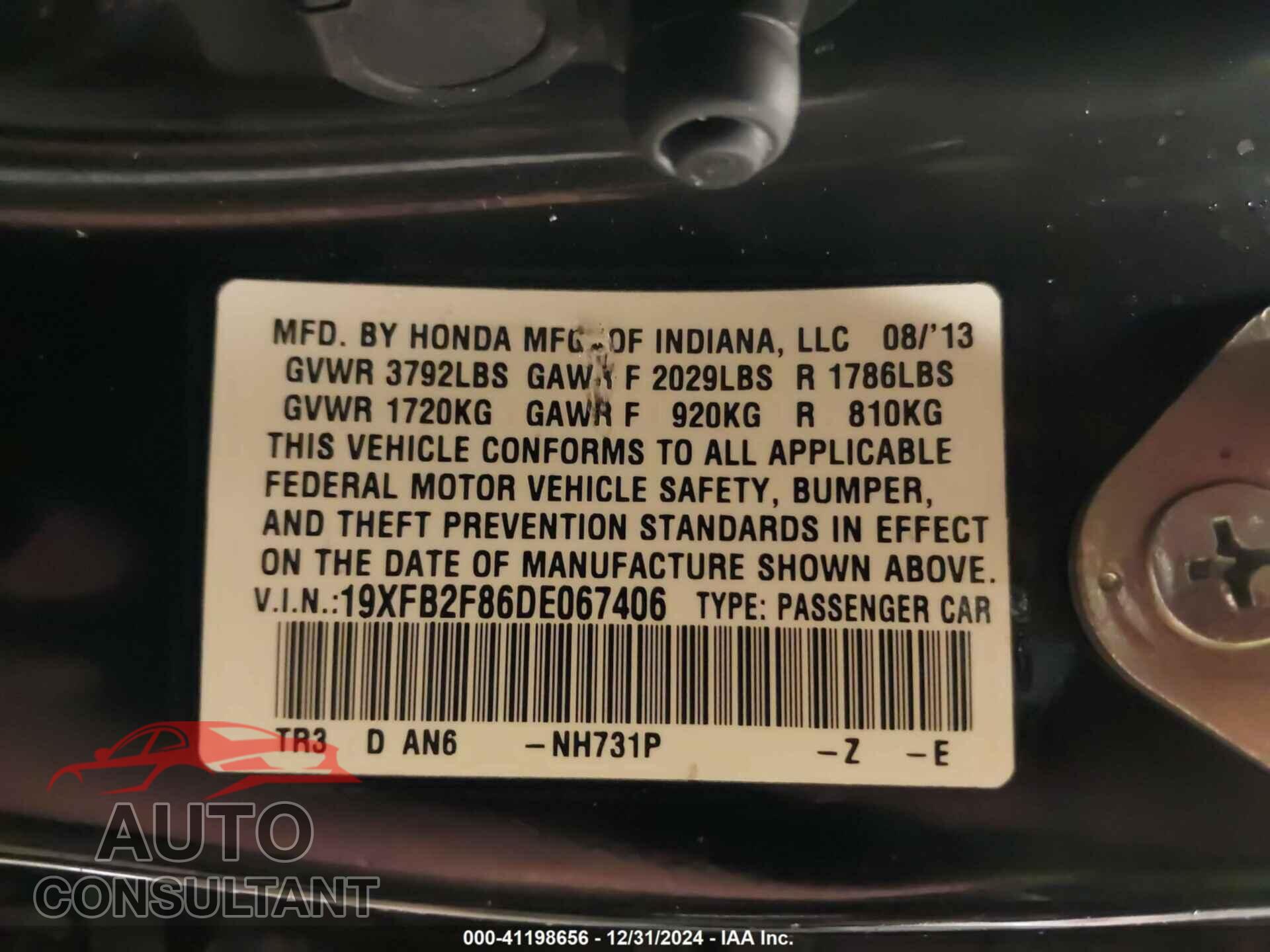 HONDA CIVIC 2013 - 19XFB2F86DE067406