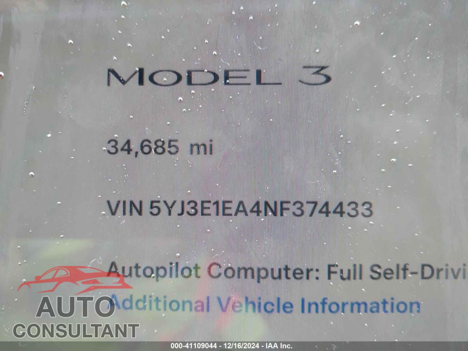 TESLA MODEL 3 2022 - 5YJ3E1EA4NF374433