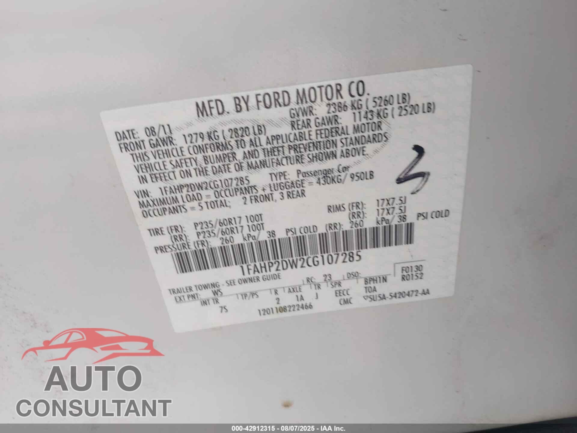 FORD TAURUS 2012 - 1FAHP2DW2CG107285