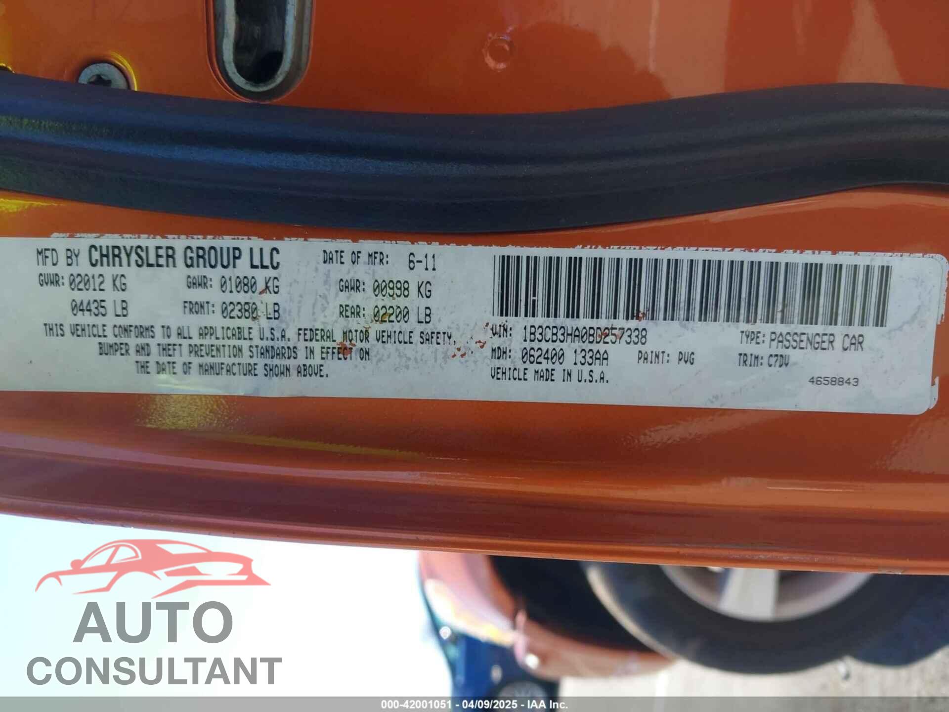 DODGE CALIBER 2011 - 1B3CB3HA0BD257338