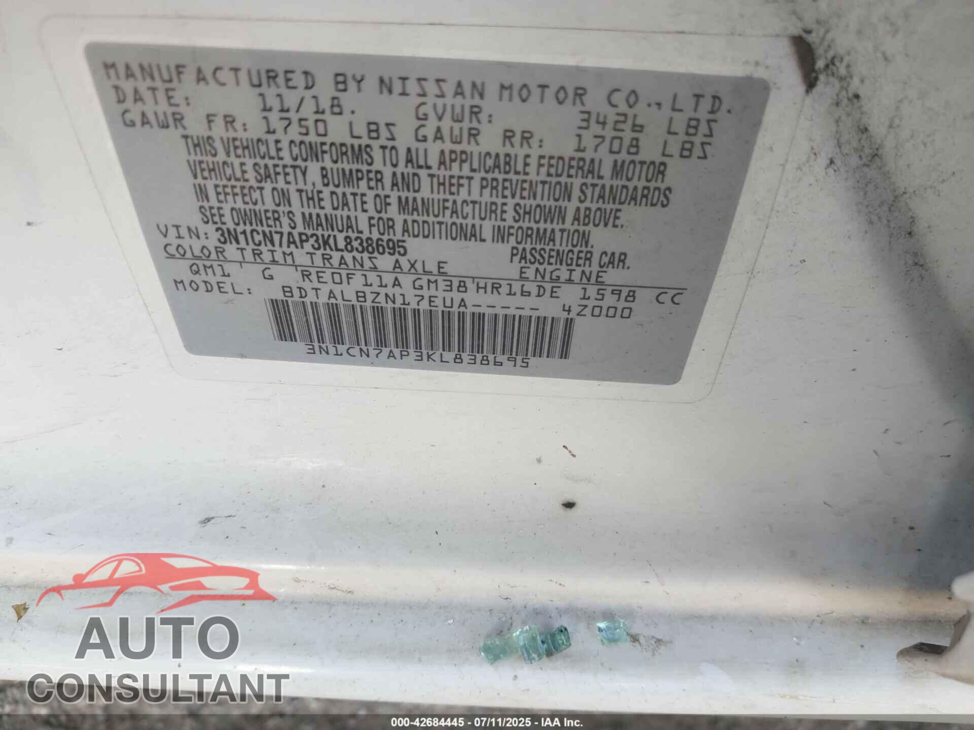 NISSAN VERSA 2019 - 3N1CN7AP3KL838695