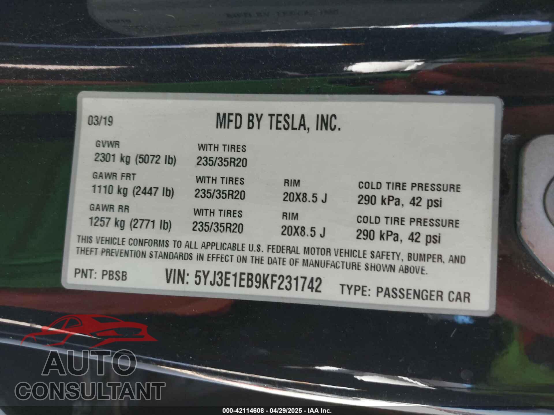 TESLA MODEL 3 2019 - 5YJ3E1EB9KF231742