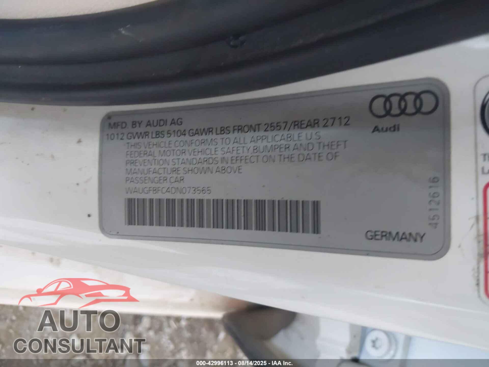 AUDI A6 2013 - WAUGFBFC4DN073565