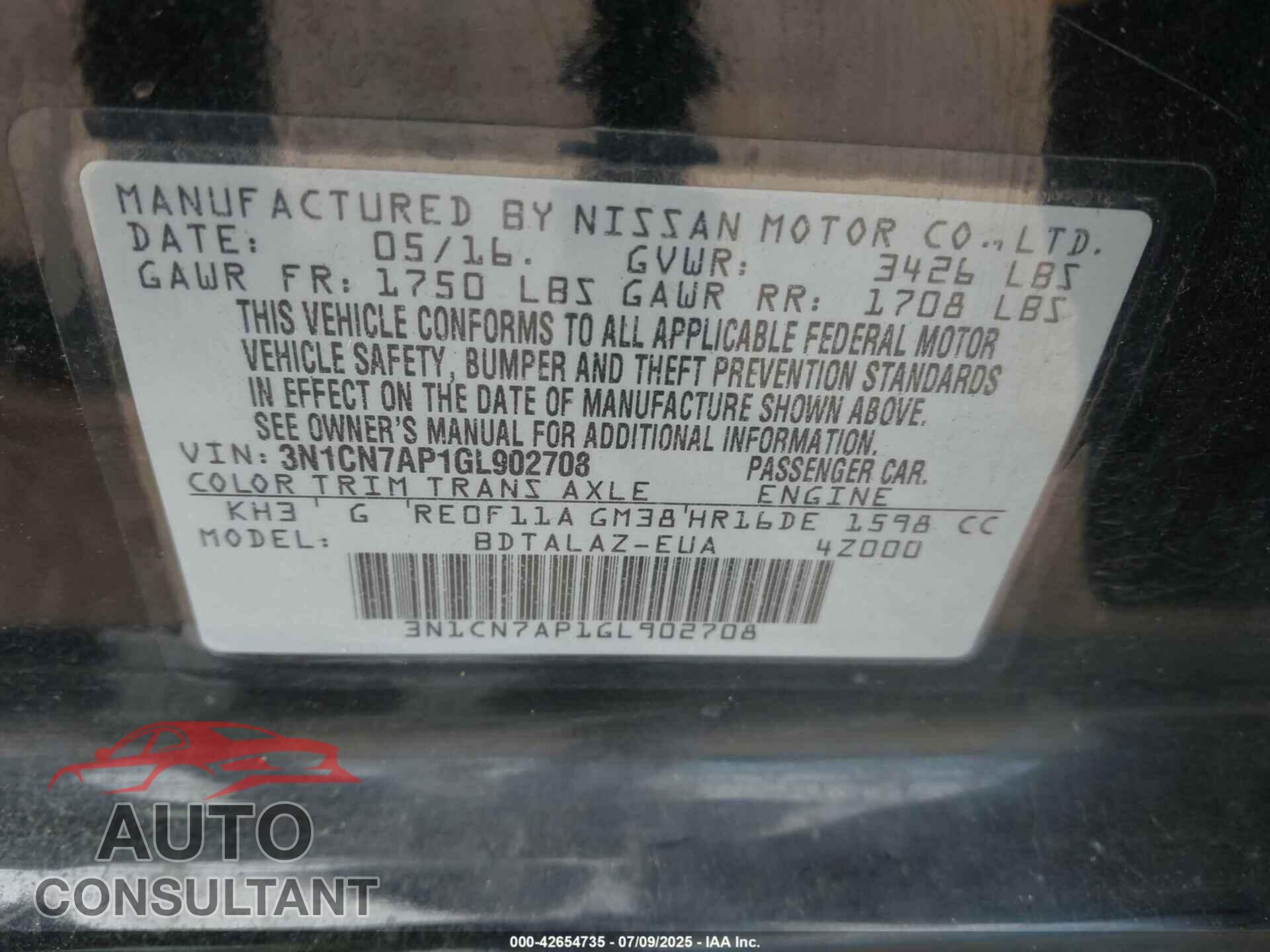 NISSAN VERSA 2016 - 3N1CN7AP1GL902708