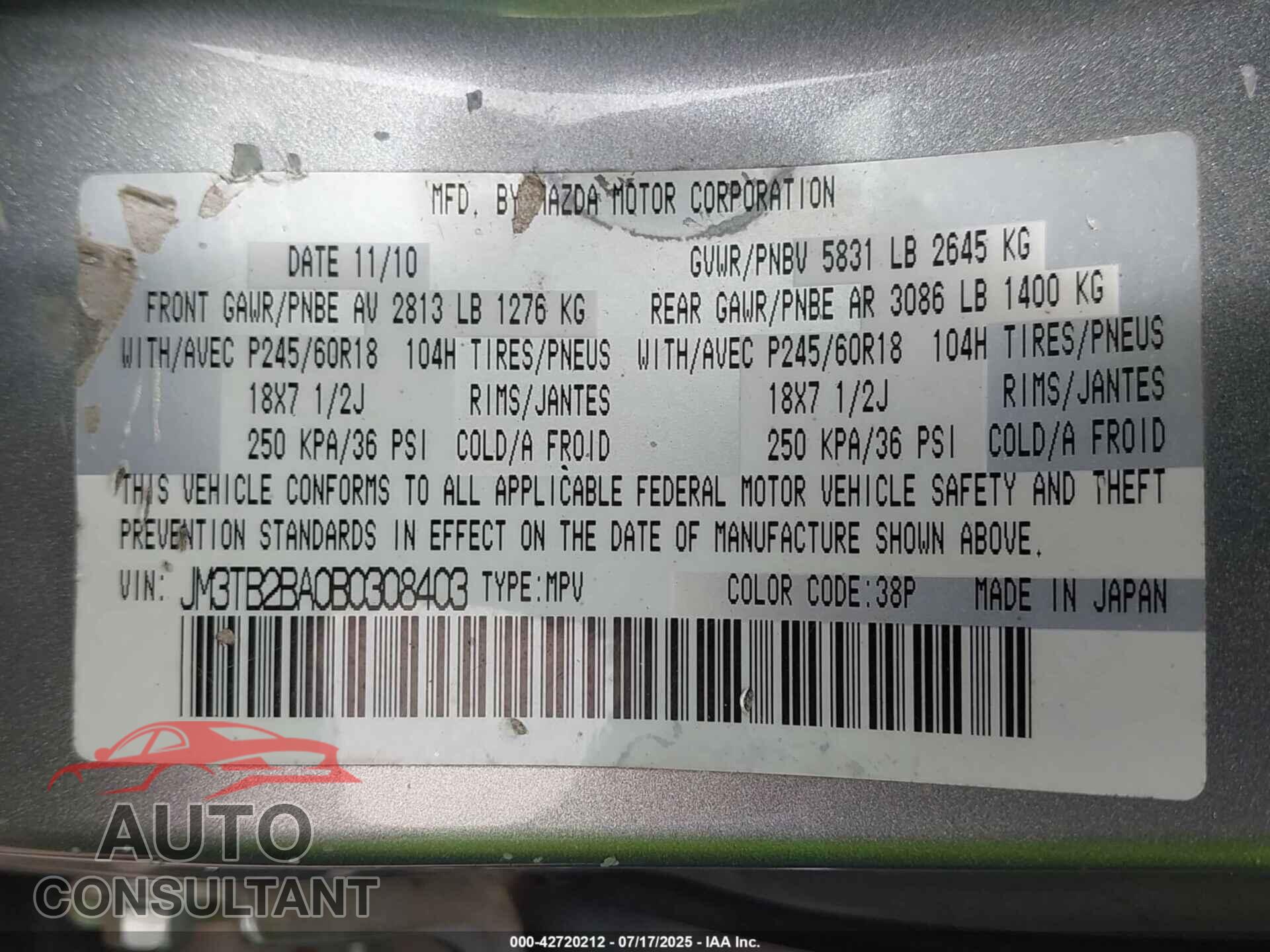 MAZDA CX-9 2011 - JM3TB2BA0B0308403
