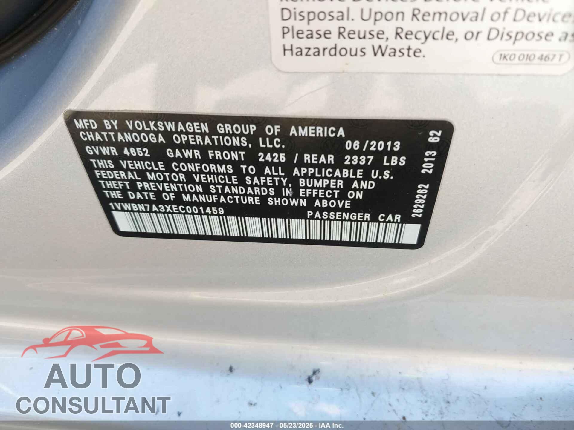 VOLKSWAGEN PASSAT 2014 - 1VWBN7A3XEC001459
