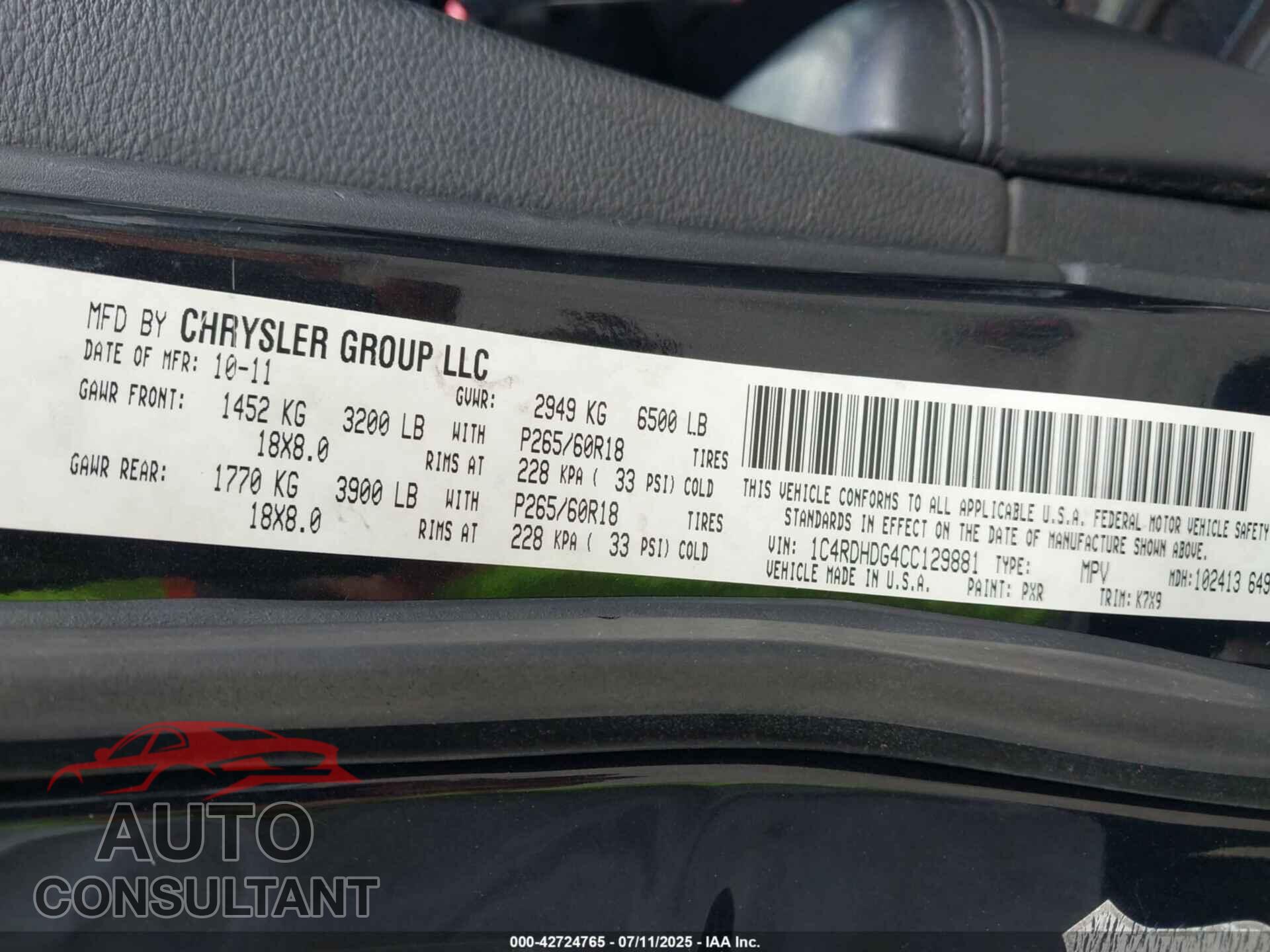DODGE DURANGO 2012 - 1C4RDHDG4CC129881
