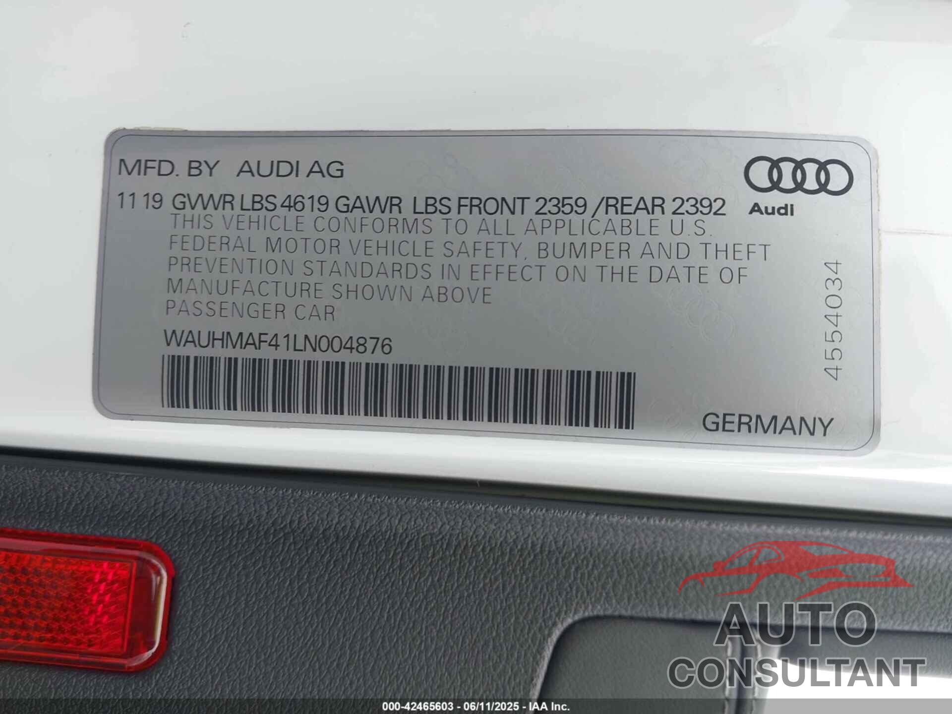 AUDI A4 2020 - WAUHMAF41LN004876