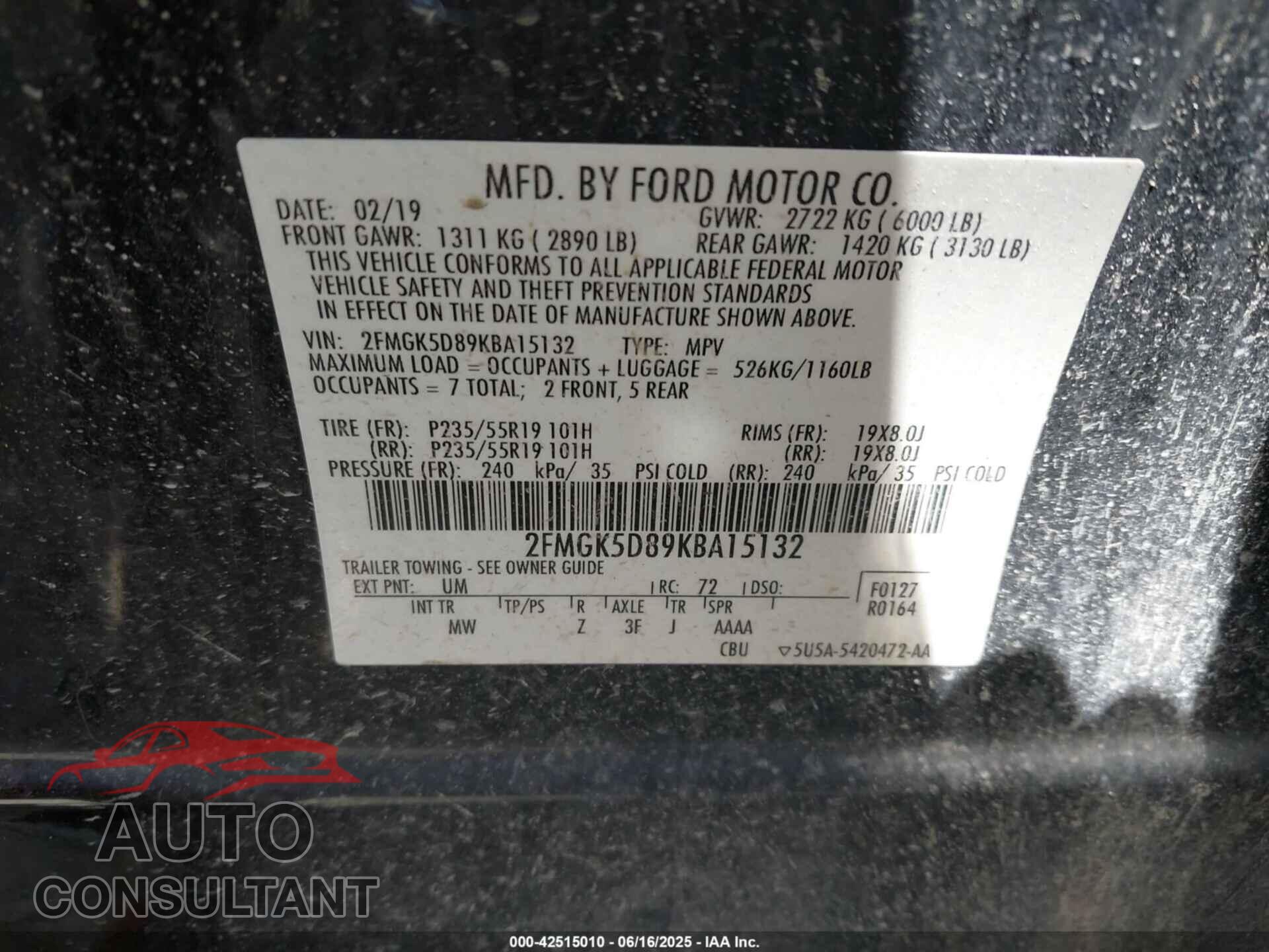 FORD FLEX 2019 - 2FMGK5D89KBA15132
