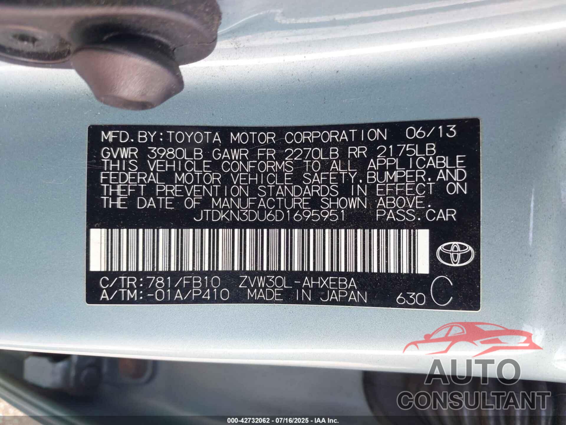 TOYOTA PRIUS 2013 - JTDKN3DU6D1695951