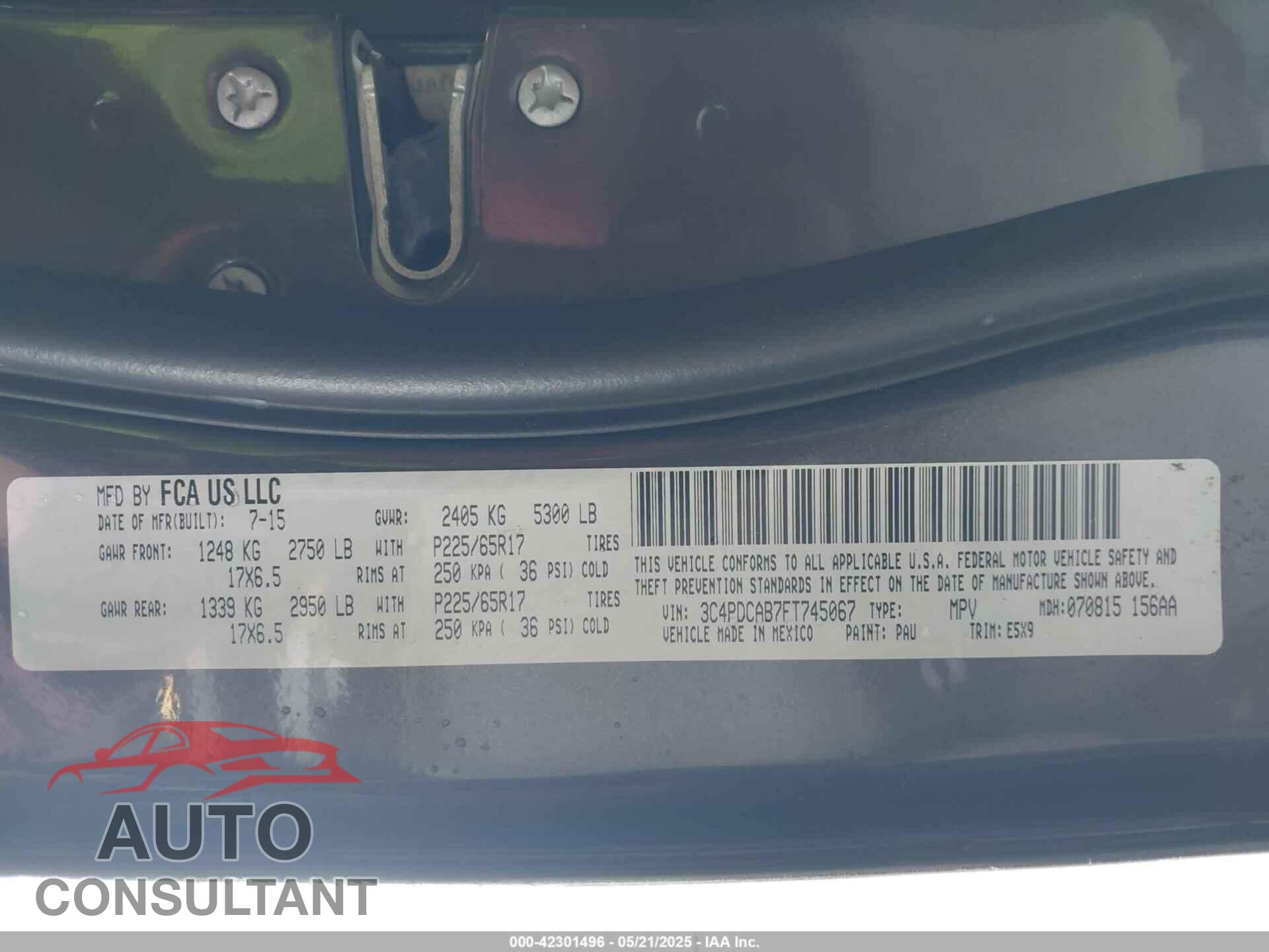 DODGE JOURNEY 2015 - 3C4PDCAB7FT745067