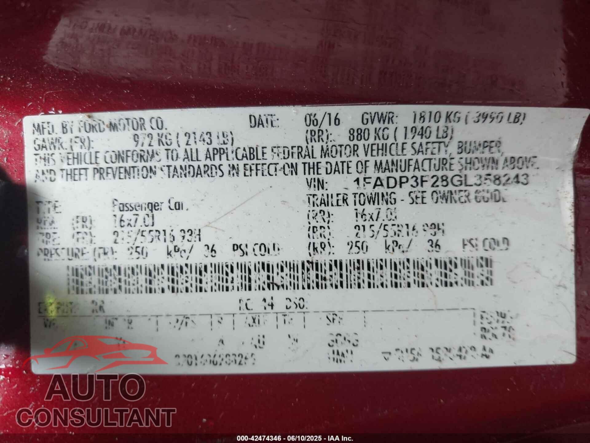FORD FOCUS 2016 - 1FADP3F28GL358243