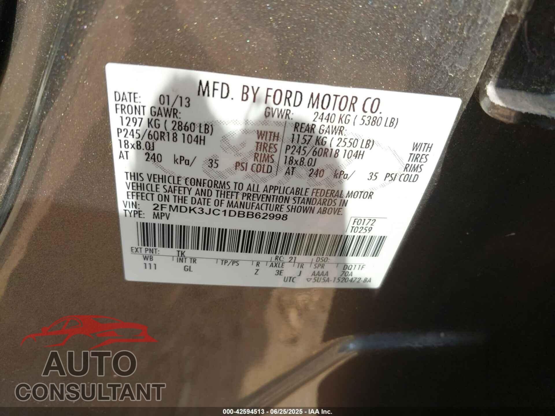 FORD EDGE 2013 - 2FMDK3JC1DBB62998
