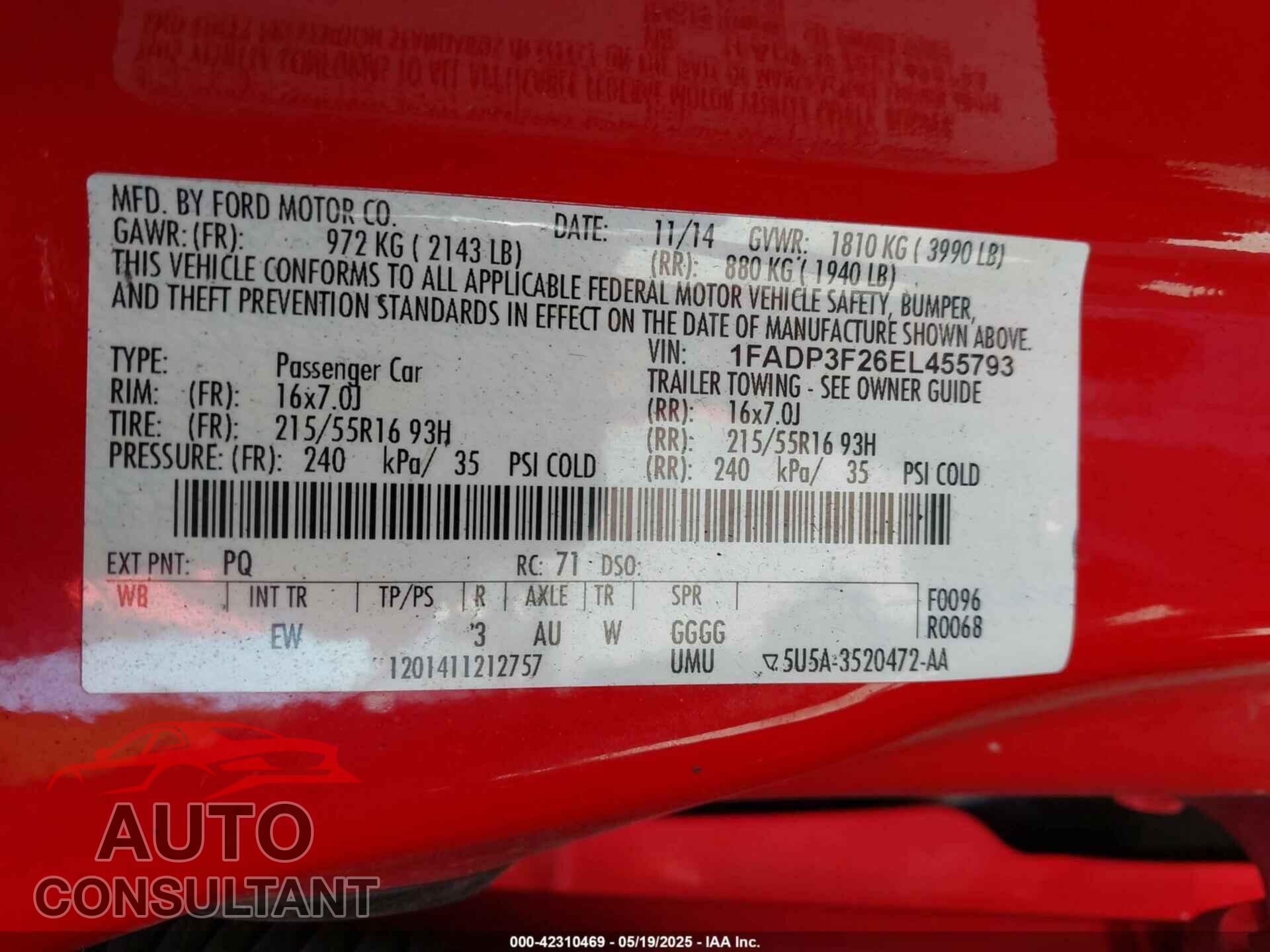 FORD FOCUS 2014 - 1FADP3F26EL455793