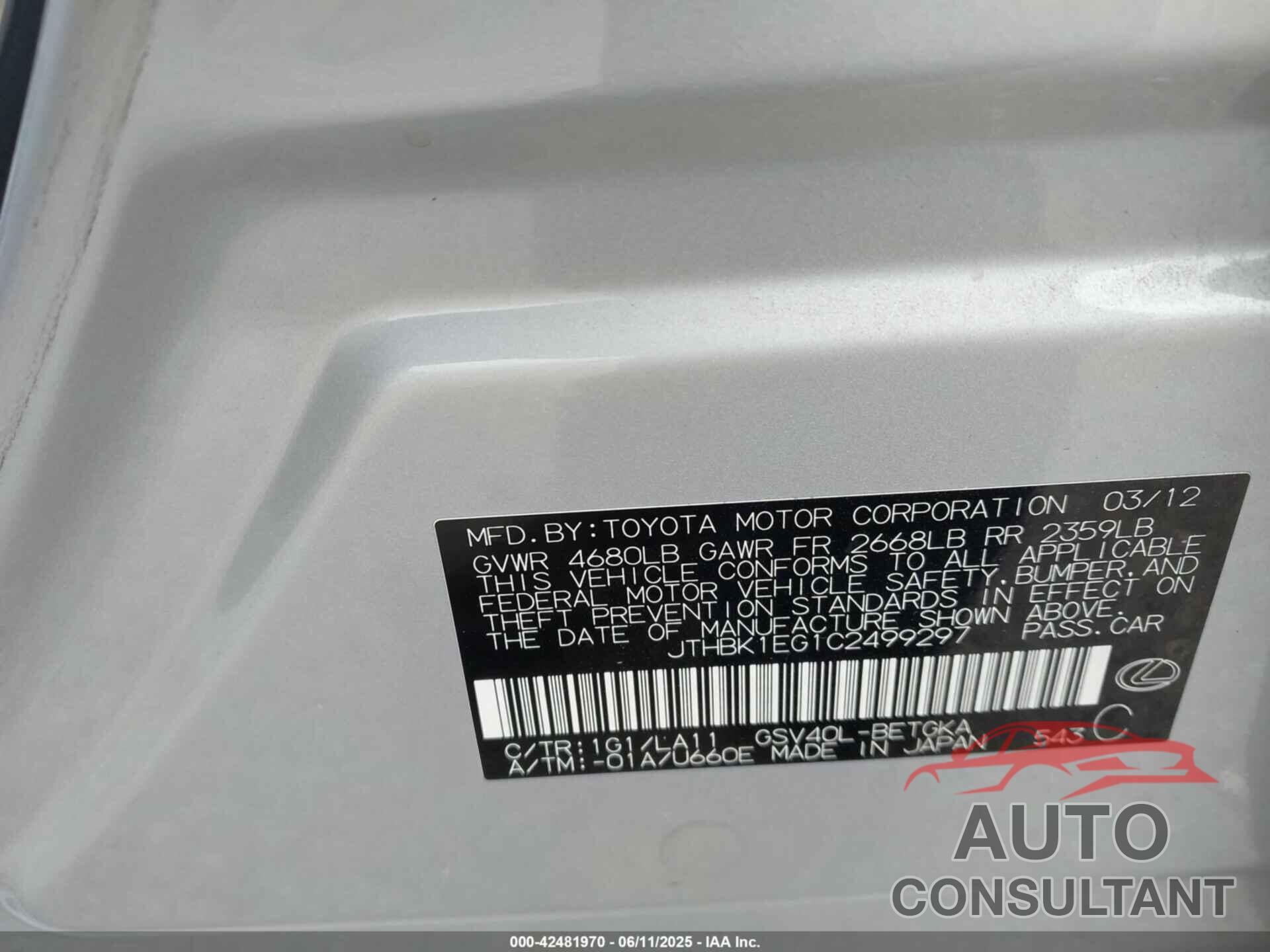 LEXUS ES 350 2012 - JTHBK1EG1C2499297