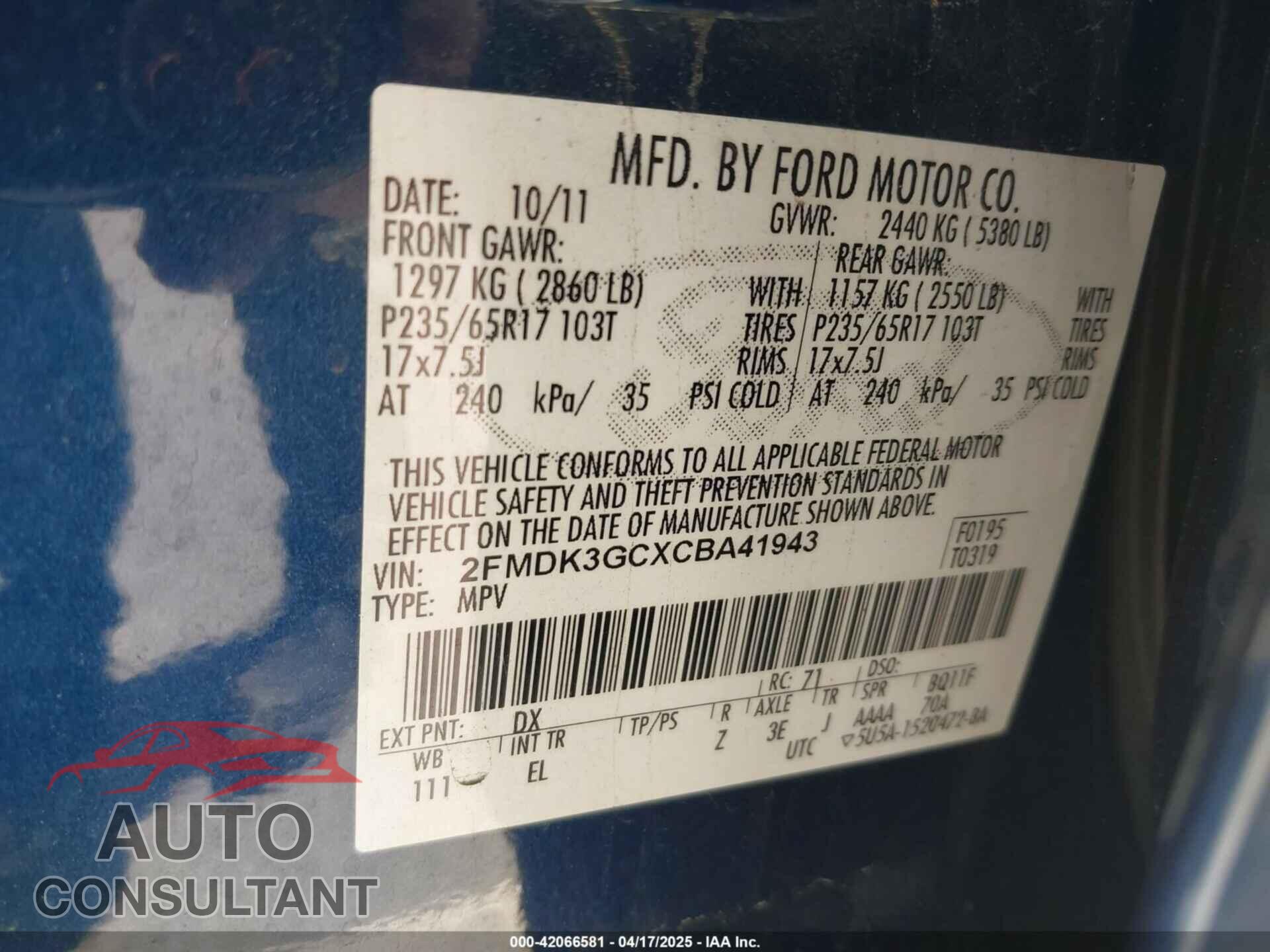 FORD EDGE 2012 - 2FMDK3GCXCBA41943