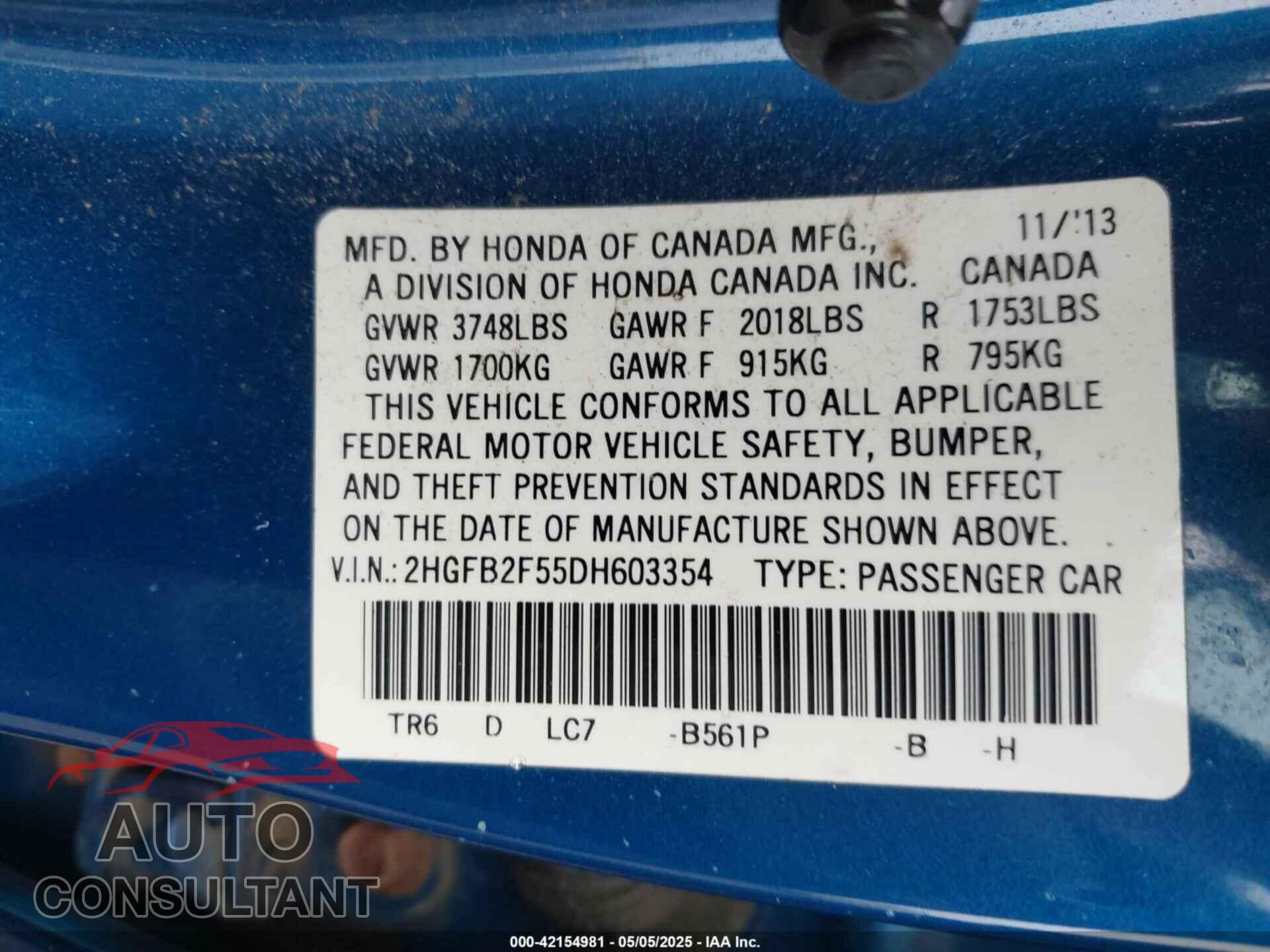 HONDA CIVIC 2013 - 2HGFB2F55DH603354