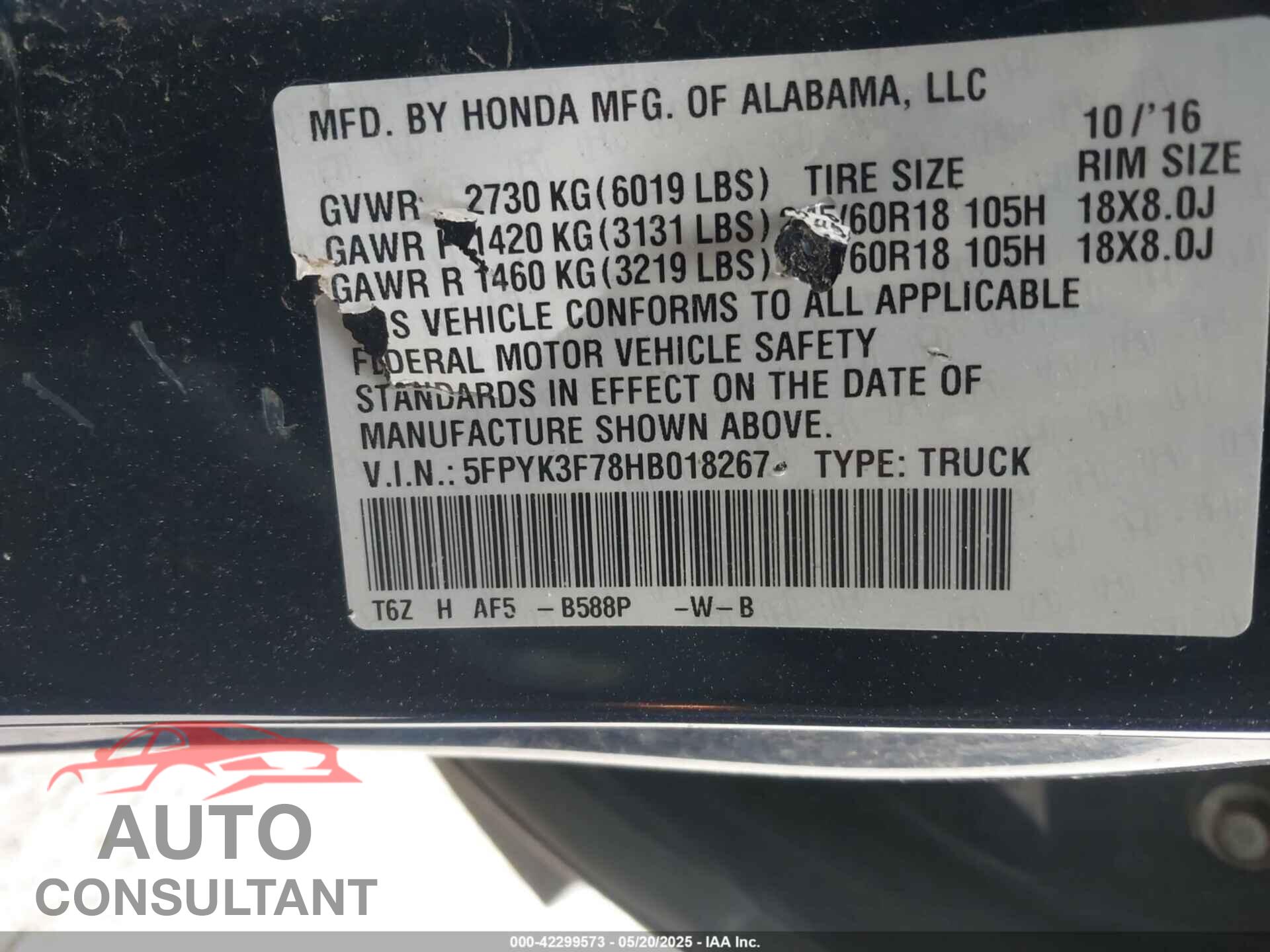 HONDA RIDGELINE 2017 - 5FPYK3F78HB018267