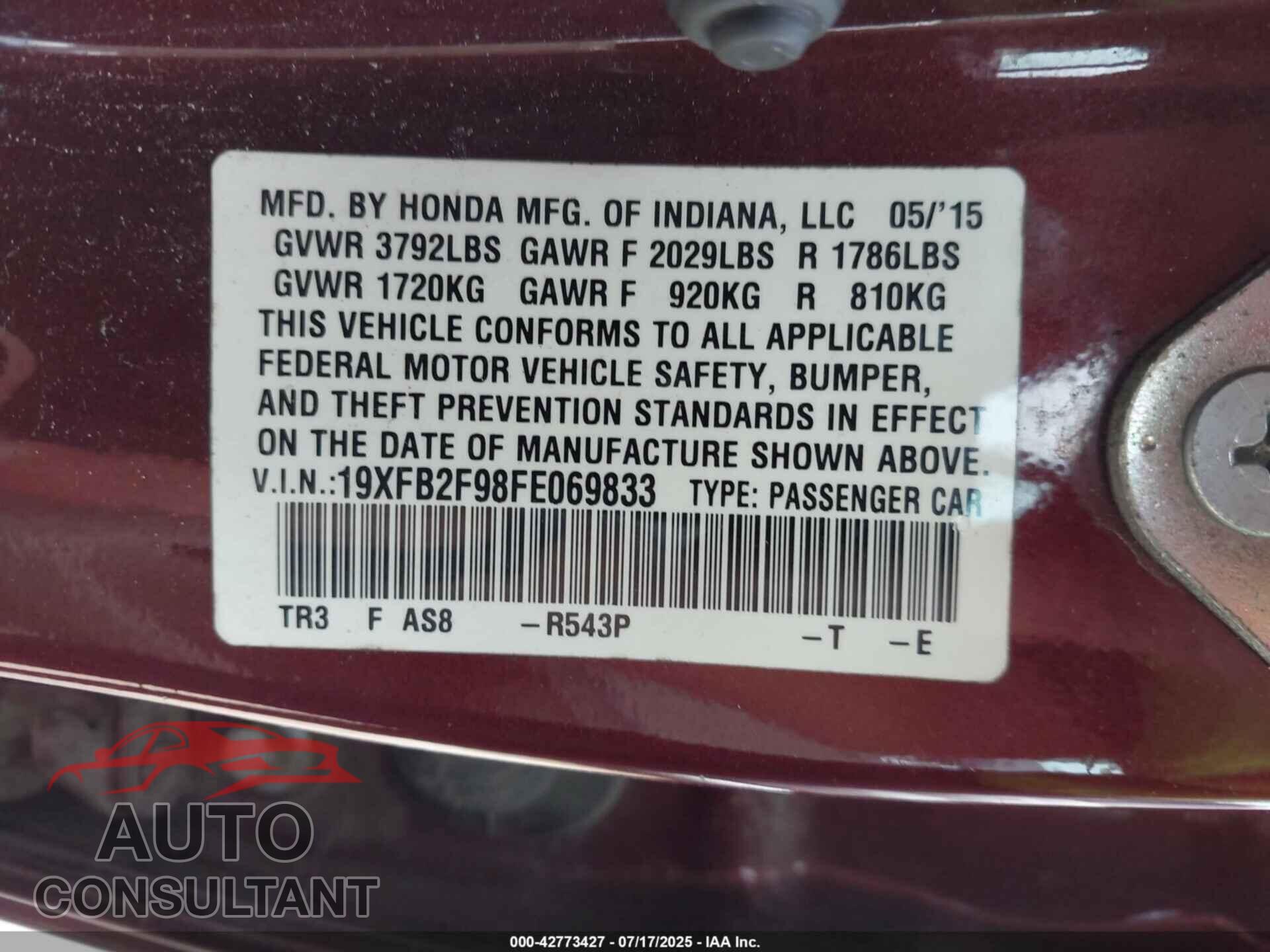 HONDA CIVIC 2015 - 19XFB2F98FE069833