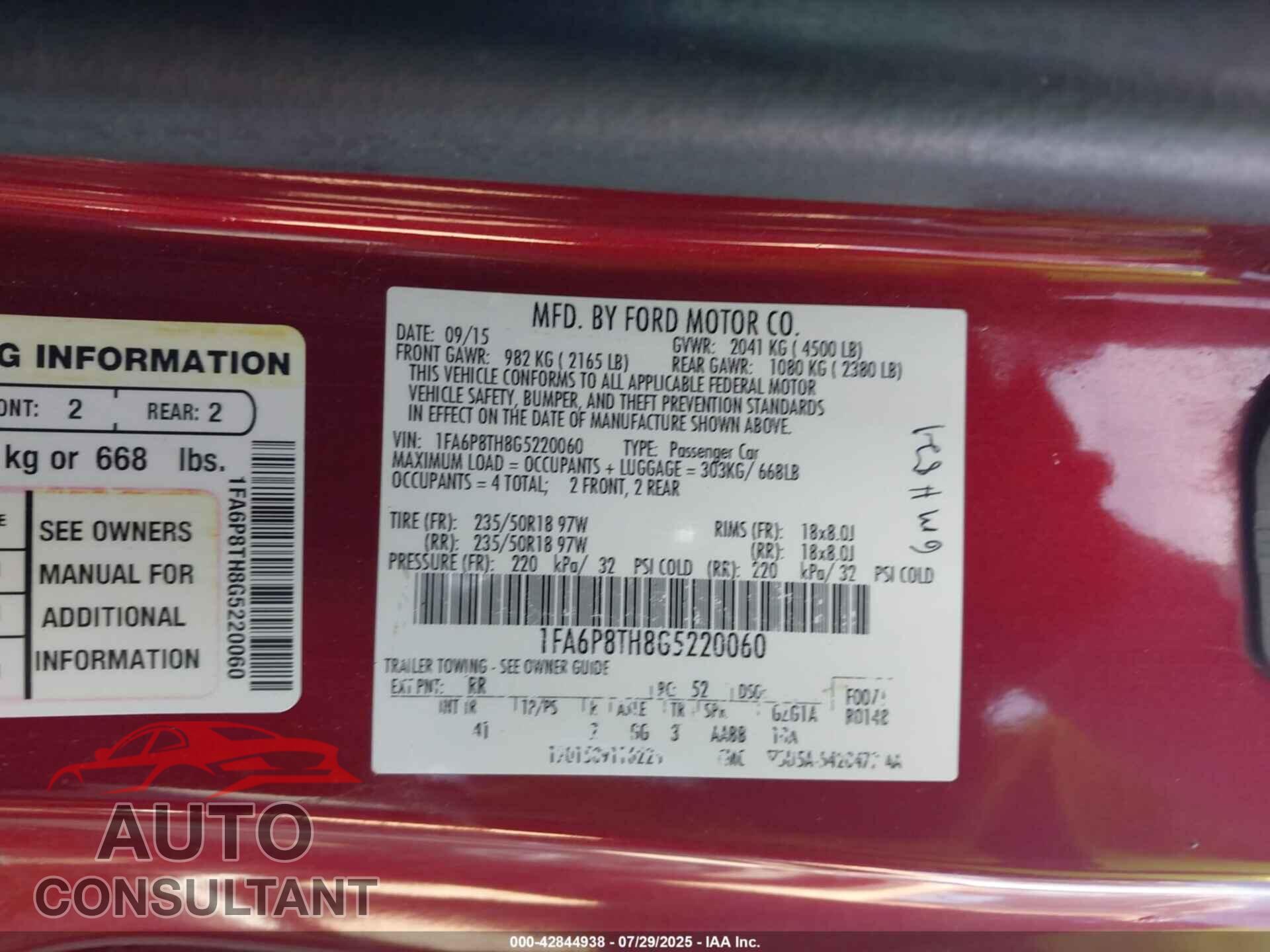 FORD MUSTANG 2016 - 1FA6P8TH8G5220060