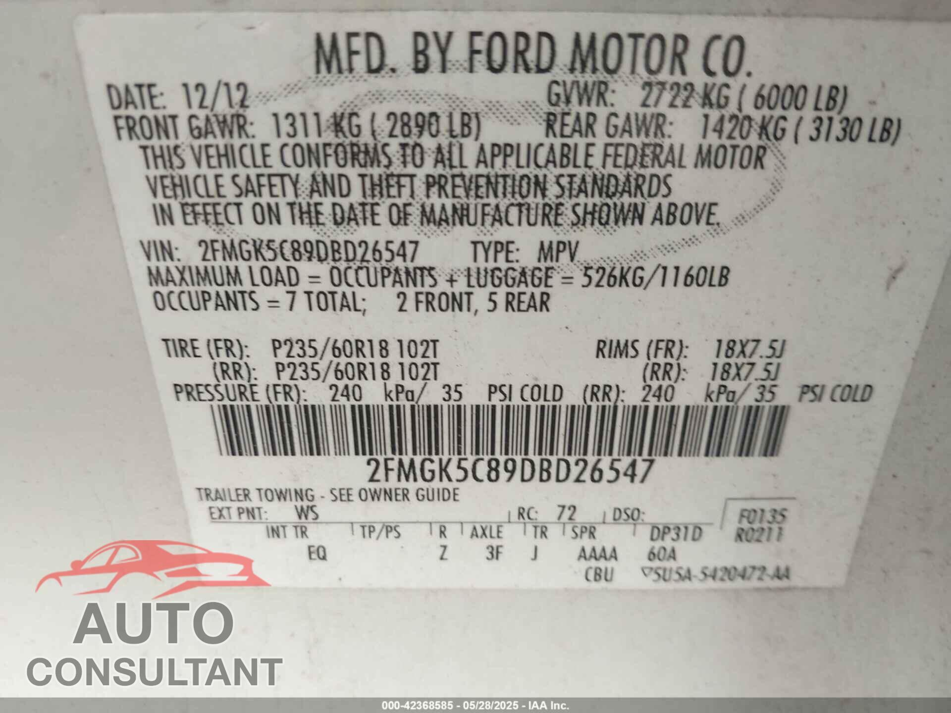 FORD FLEX 2013 - 2FMGK5C89DBD26547