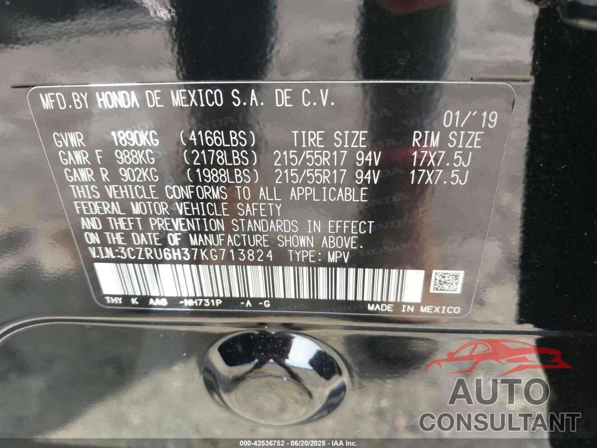 HONDA HR-V 2019 - 3CZRU6H37KG713824