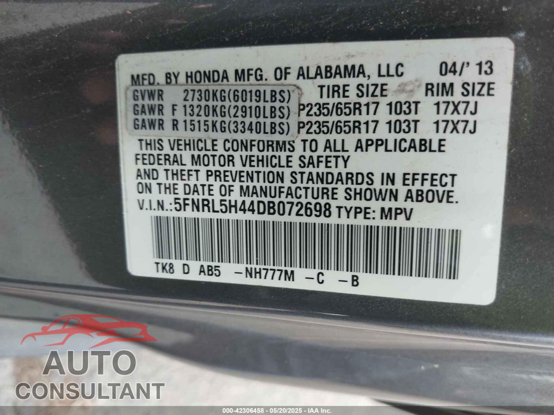 HONDA ODYSSEY 2013 - 5FNRL5H44DB072698