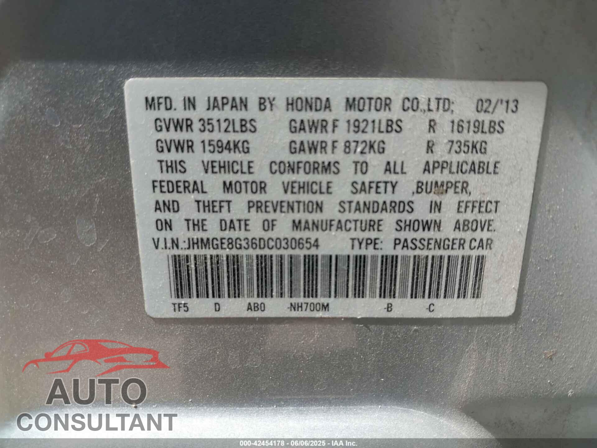 HONDA FIT 2013 - JHMGE8G36DC030654