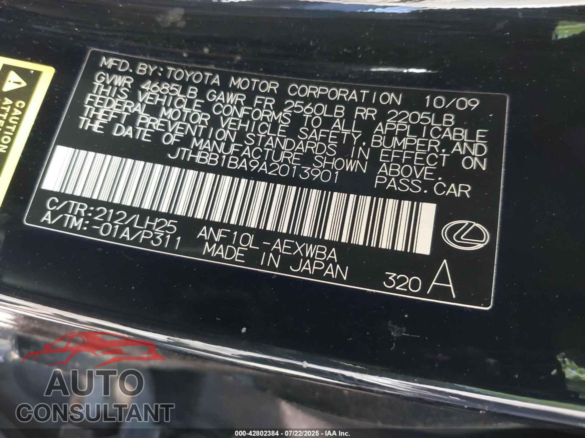 LEXUS HS 2010 - JTHBB1BA9A2013901