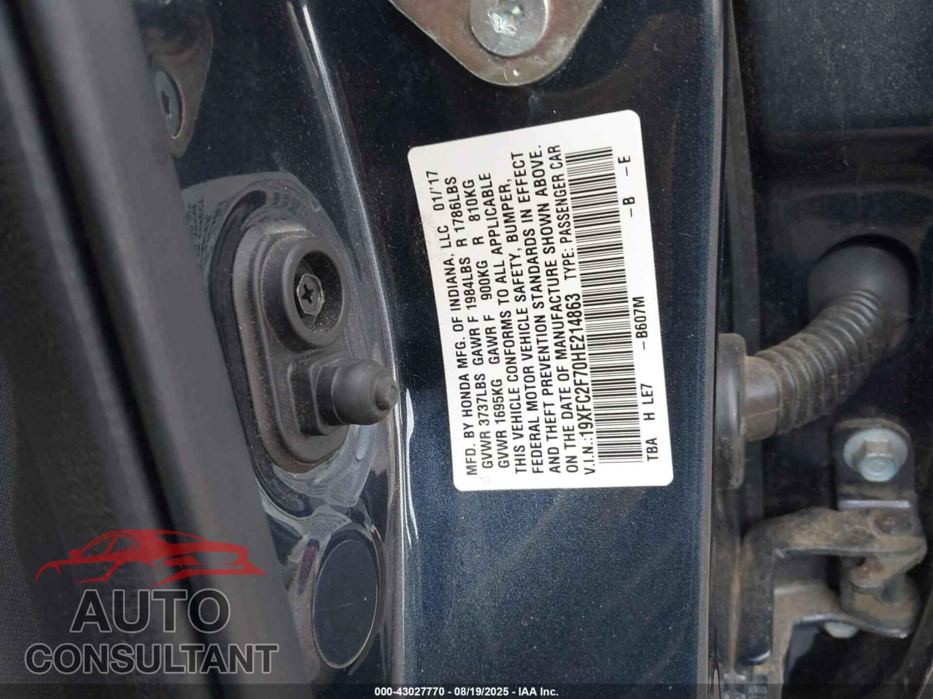 HONDA CIVIC 2017 - 19XFC2F70HE214863