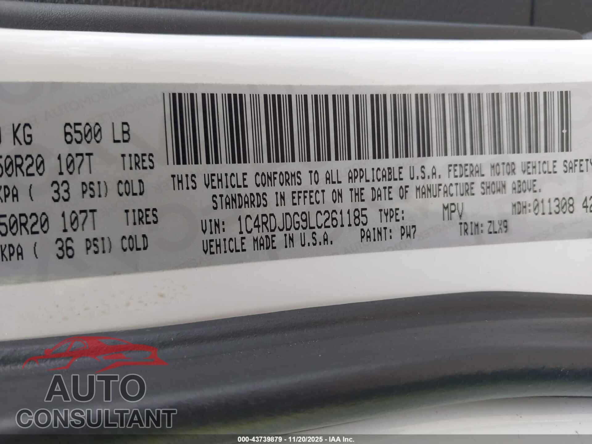 DODGE DURANGO 2020 - 1C4RDJDG9LC261185