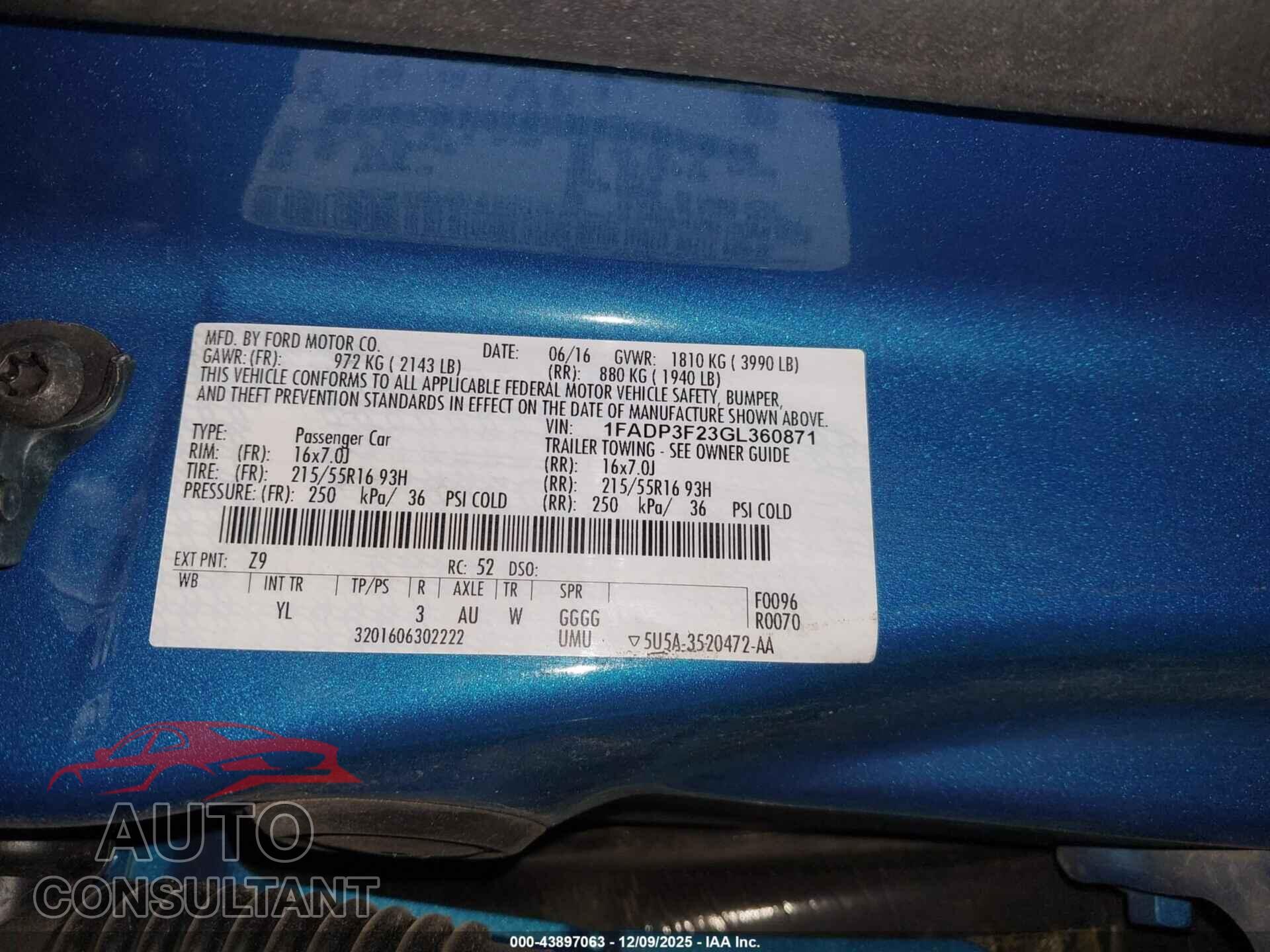 FORD FOCUS 2016 - 1FADP3F23GL360871