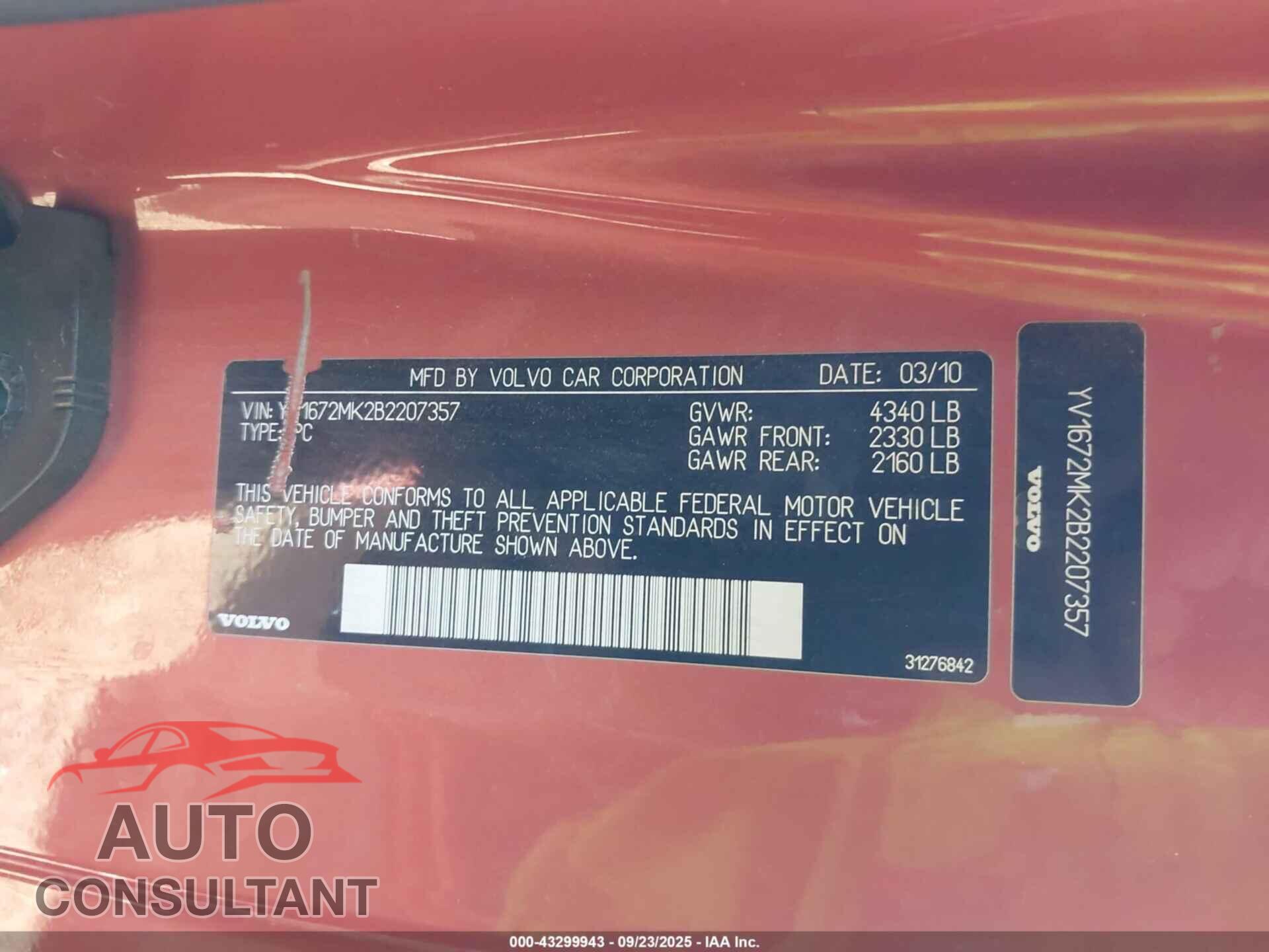 VOLVO C30 2011 - YV1672MK2B2207357